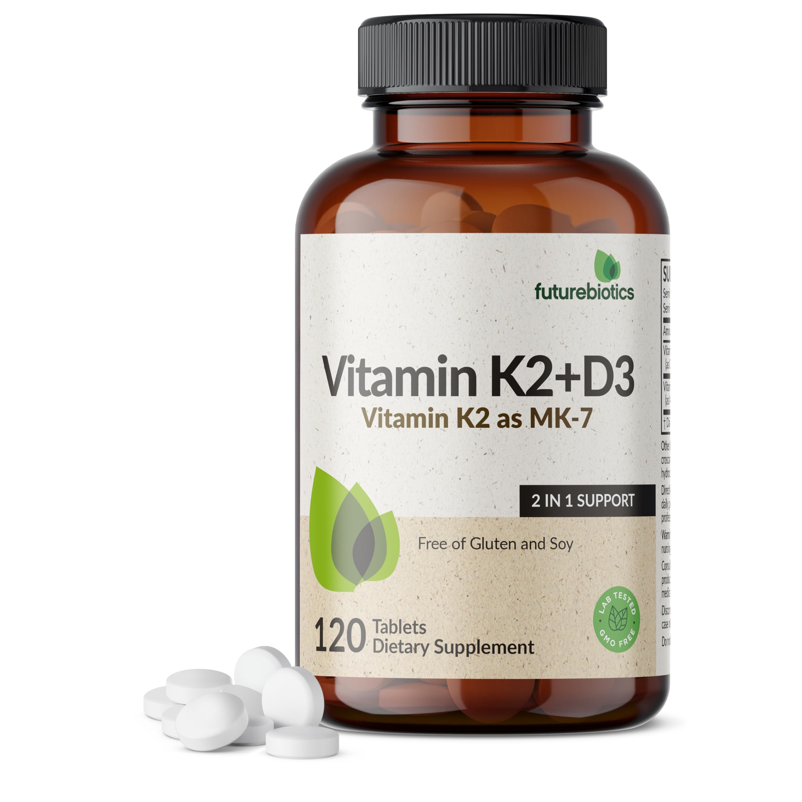 Futurebiotics Vitamin K2 with D3, 2 in 1 Support, 5000 IU Vitamin D3 & 90 mcg Vitamin K2 MK-7 Non-GMO, 120 Tablets