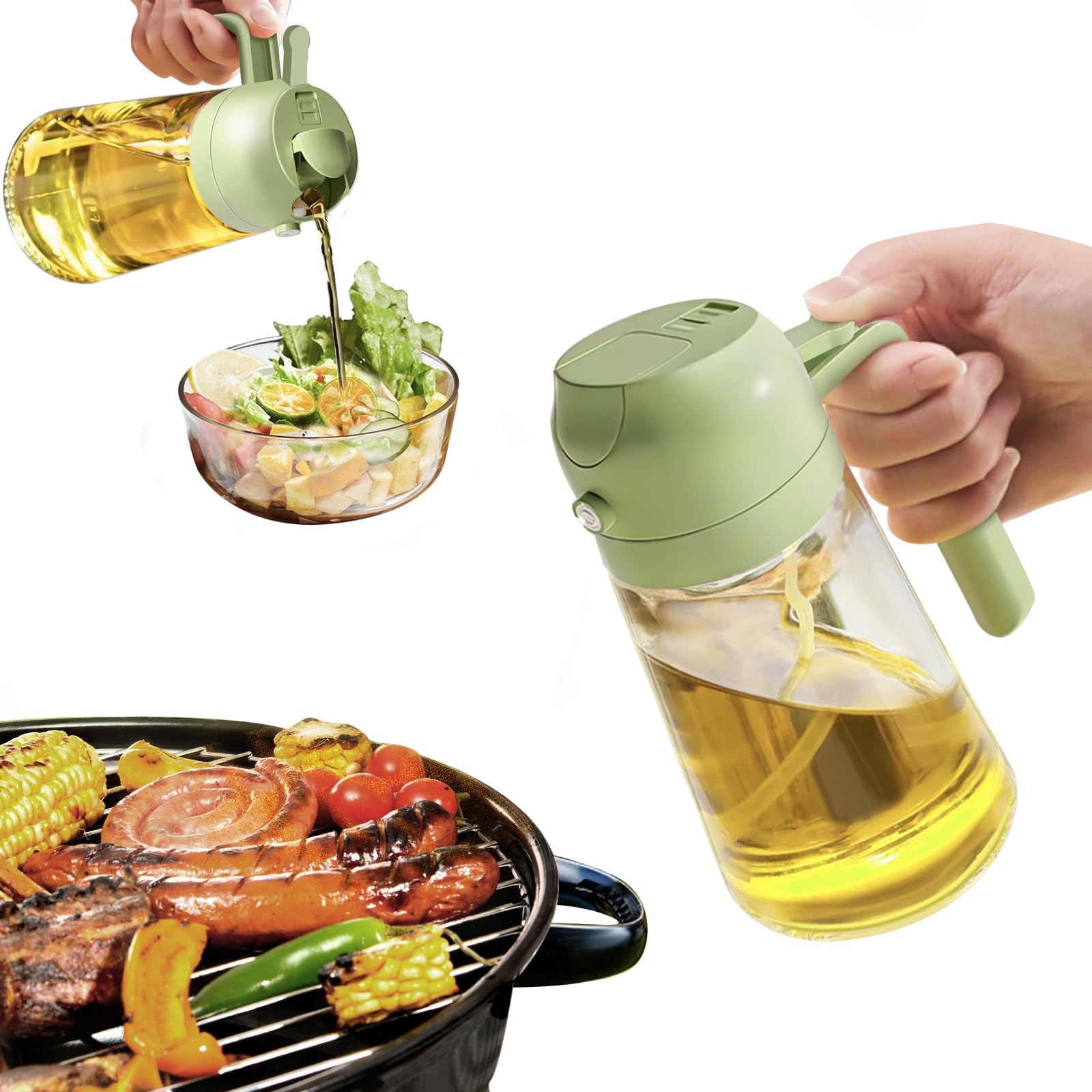YARRAMATE Olive Oil Dispenser Bottle for Kitchen,2 in 1 Oil Sprayer for Cooking, 16oz/470ml Glass Oil Spray Bottle with Pourer, Food-grade Oil Mister for Air Fryer, Salad, Frying, BBQ (Green)