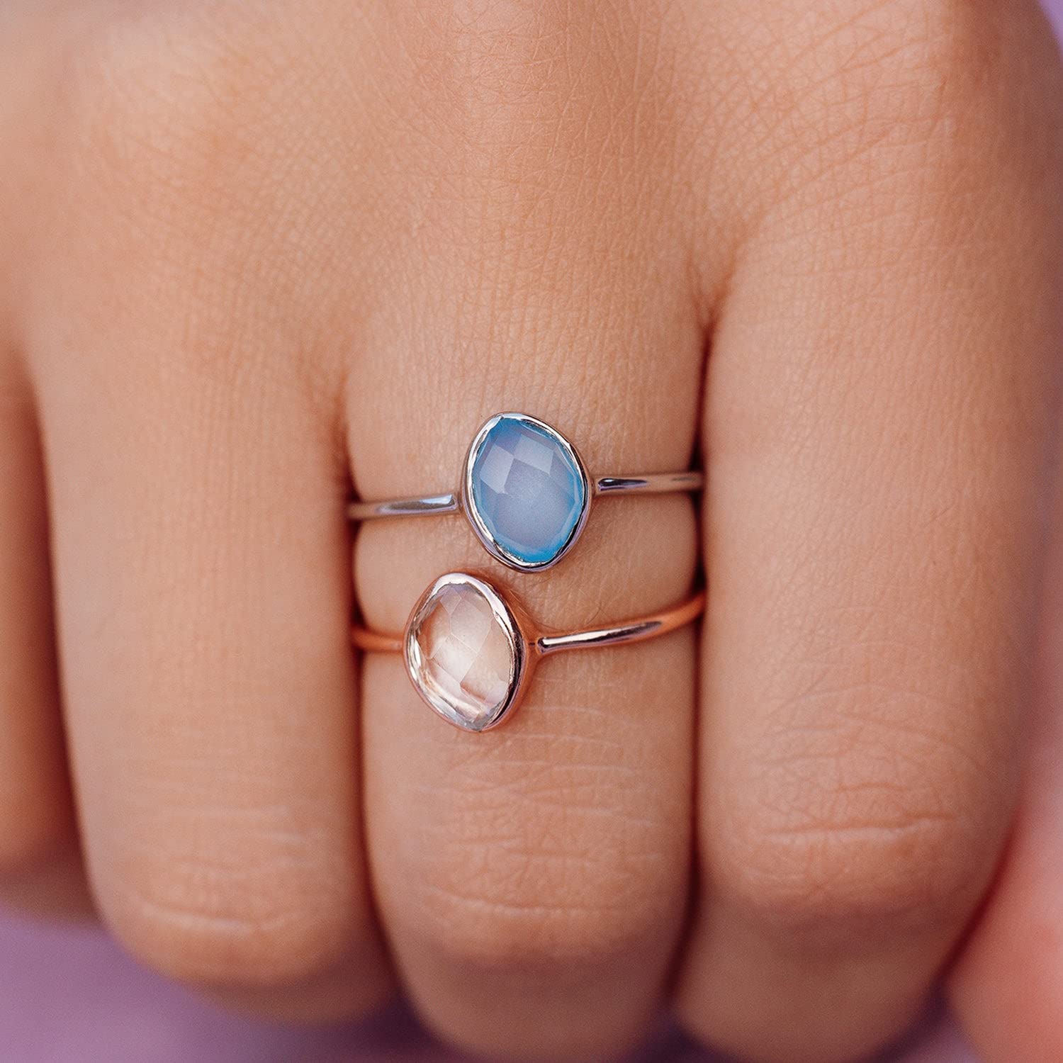 Pura Vida Ring Silver Organic Stone Ring - Handmade Ring with Blue Chalcedony, Brass Base with Rhodium Plating - Silver Rings for Women, Cute Rings, Boho Jewelry for Women - Size 9