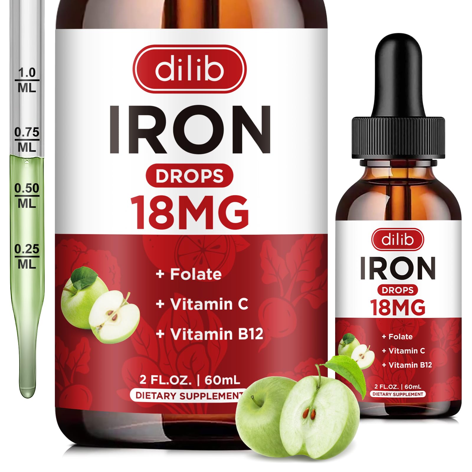 Liquid Iron Supplement for Women & Men Iron Drops Iron Supplements for Anemia with Folate, Vitamin C, B12 for Red Blood Cell Support-Green Apple Flavor, 2 Fl Oz