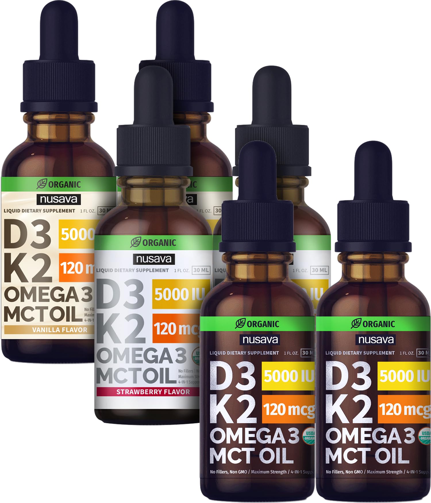 NUSAVA Unflavored, Strawberry Flavored, & Vanilla Flavored D3 K2 Liquid Drops Bundle - Potent Liquid Vitamins for Heart, Joint, Bone, Muscle, & Immune Support - Non-GMO, Gluten-Free, 2pk Each
