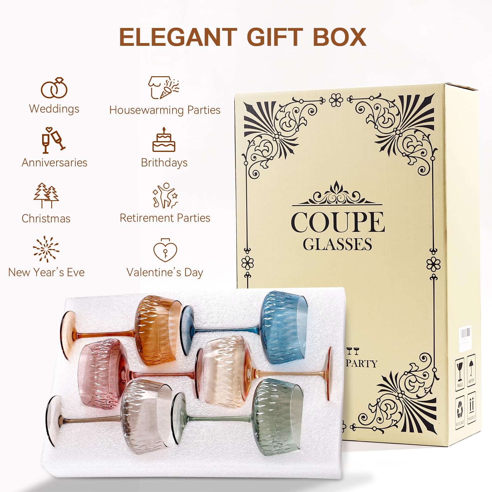 SIPBYSOP Colored Coupe Glasses Set of 6,14 oz Colored Martini Glasses Cocktail Glasses,Christmas Coupe Martini Cocktail Glasses