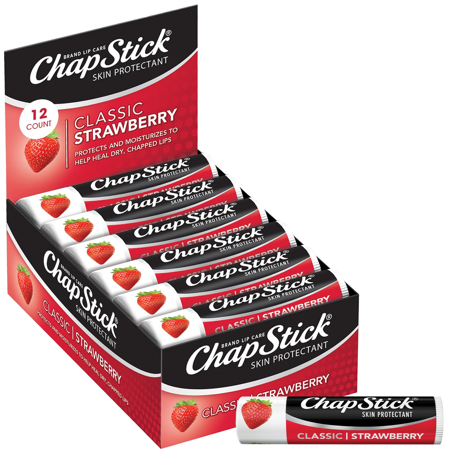 ChapStick Classic (1 Box of 12 Sticks, 12 Total Sticks, Strawberry Flavor) Skin Protectant Flavored Lip Balm Tube, 0.15 Ounce Each