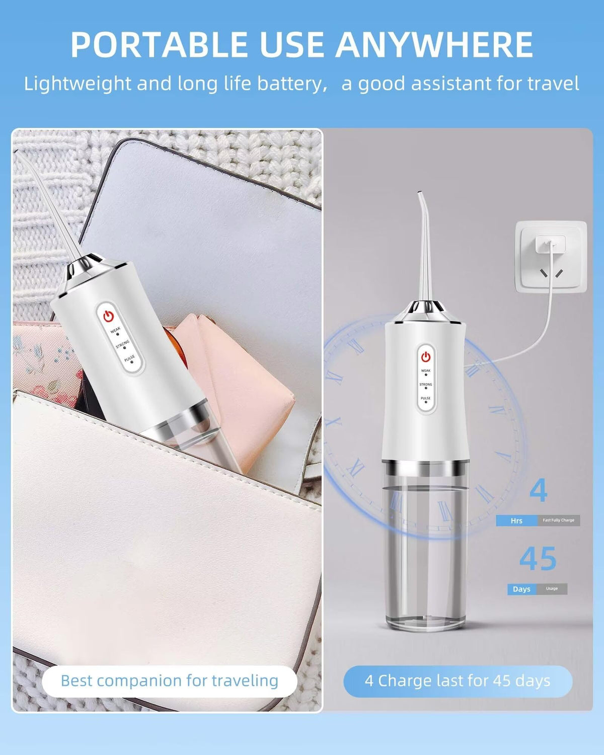 LAMEIZ Water Dental Flosser Teeth Picks - 4 Jets 3 Modes Portable Cordless Water Flosser for Teeth Cleaner, IPX7 Waterproof Oral Irrigator Rechargeable for Travel Home,Gums, Braces Care White