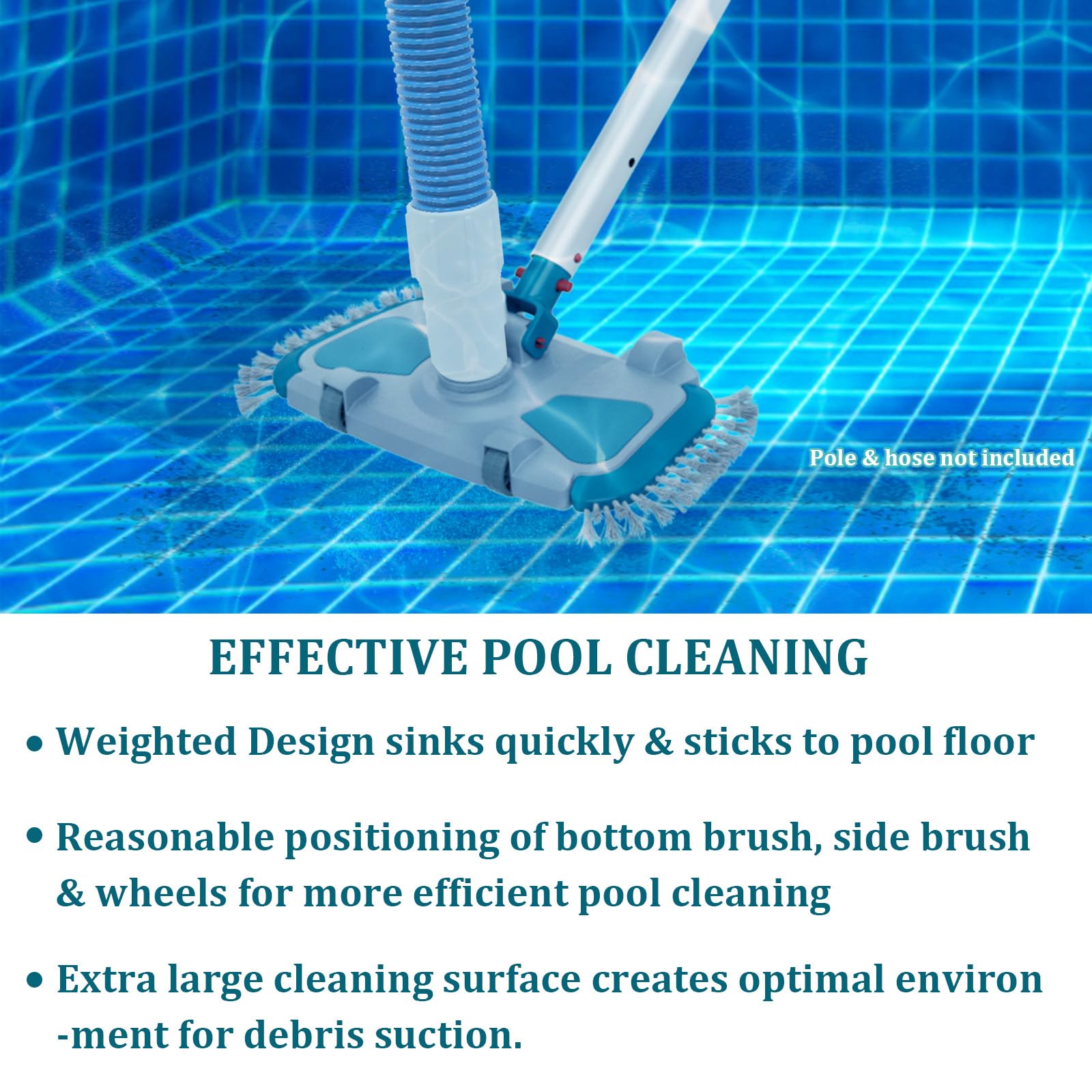 Updated Weighted Rectangle Pool Vacuum Head with Side Nylon Bristles, Swivel Hose Connection - Connect 1-1/4", 1-1/2" Hose for Inground & Above Ground Pools