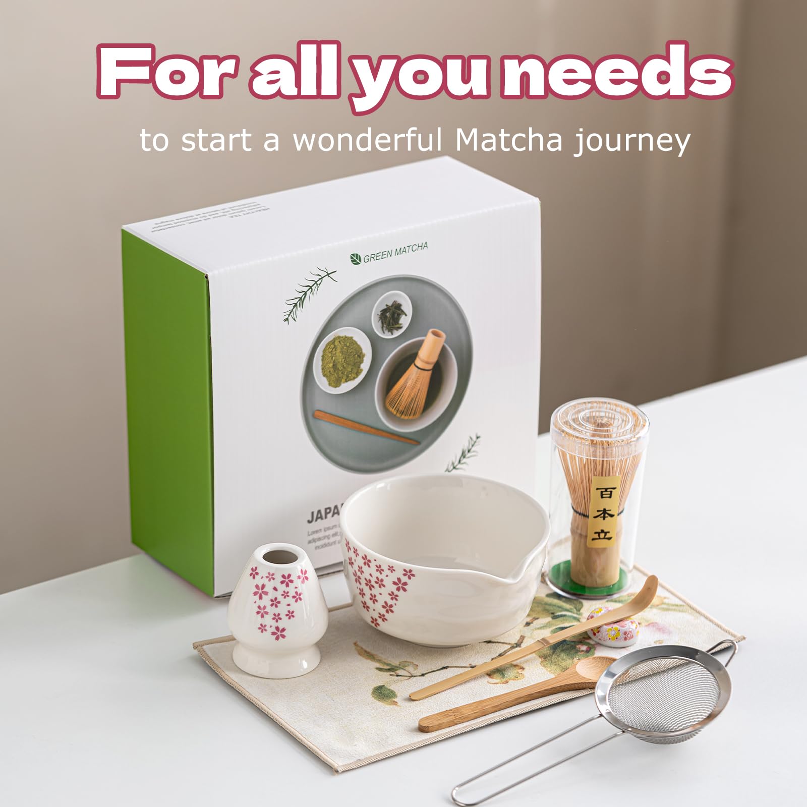 Grnstf Matcha Set 8-Piece Japanese Tea Ceremony Kit with Ceramic Bowl, Bamboo Whisk & Holder, 2 Scoops, Strainer, Tea Cloth - Complete Gift Set for Traditional Brewing(Pink-Floral Print)