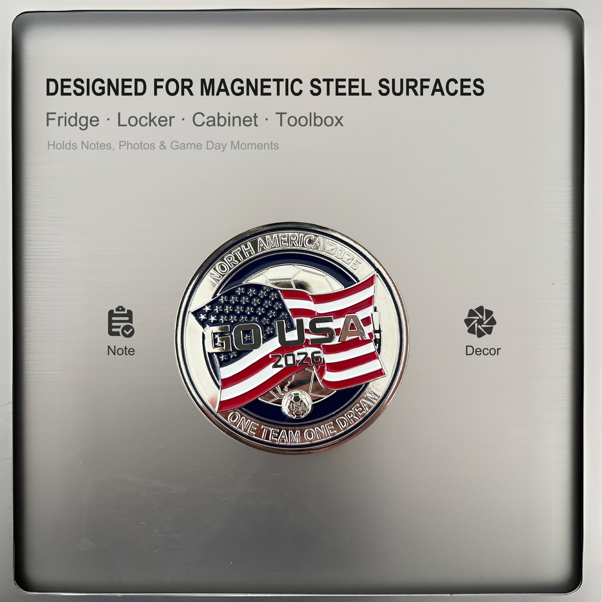 USA Soccer Fridge Magnet, Go USA 2026 Fan Gift, 3D Metal Coin-Style Magnet with Ridged Edge, Solid Zinc Alloy Collectible, Premium Gift Box Included