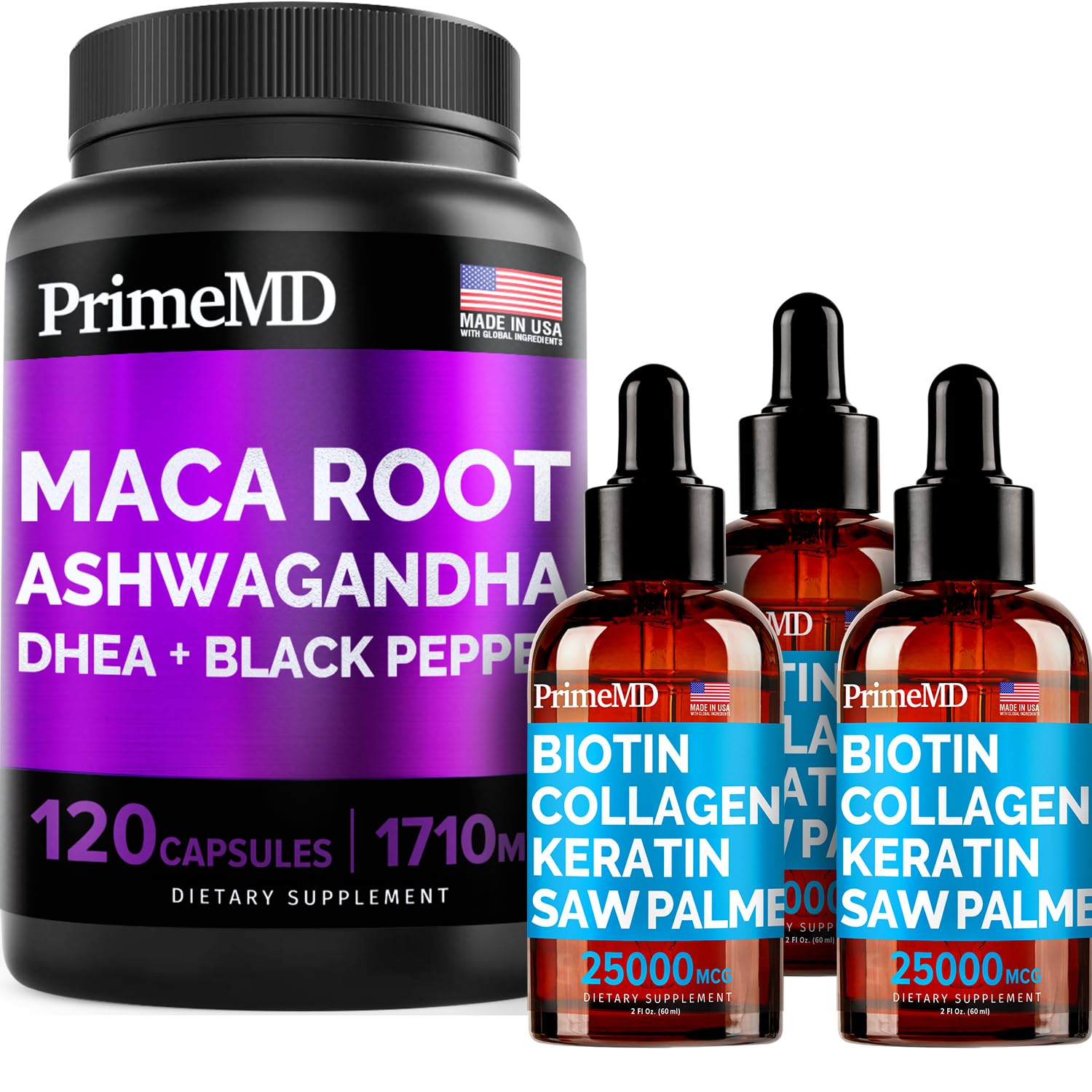 4-in-1 Liquid Biotin Collagen Keratin Saw Palmetto Drops (2 fl oz - 3 Pack) & 6-in-1 Maca Root Ashwagandha w Black Pepper Fruit (120ct) Bundle - Hair, Skin, Nails, Energy & Mood Support Supplement