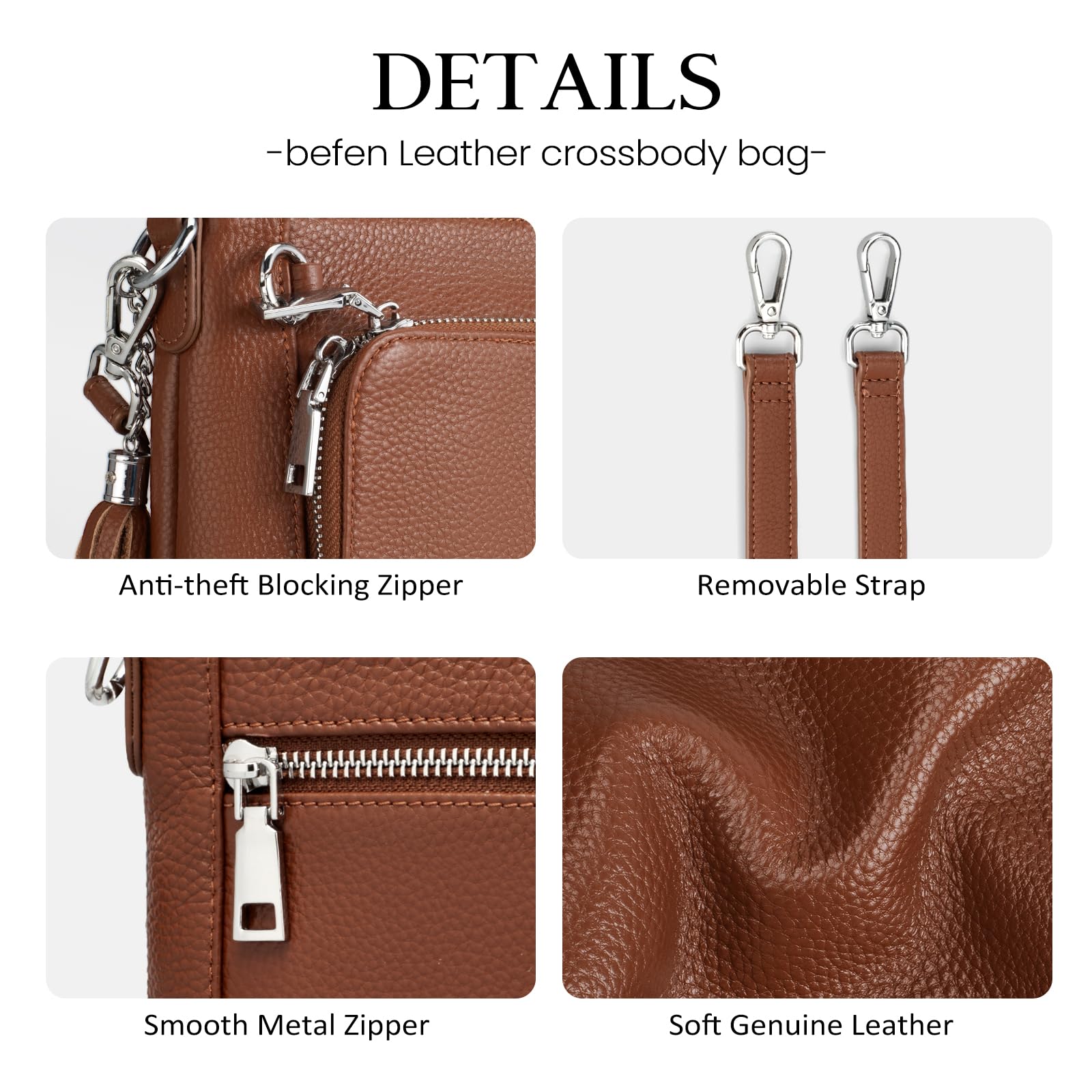befen Genuine Leather Crossbody Bags for Women, Brown Leather Purse with Built in Wallet, RFID Blocking Anti Theft Crossbody Bags for Women, Travel Purse with Removable and Adjustable Strap