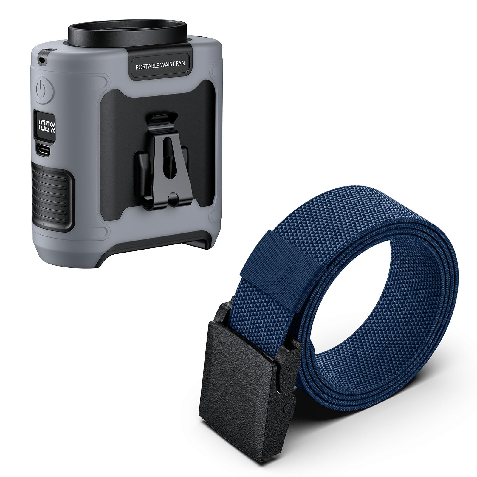 morsisho 1 Pack Grey Portable Waist Fan and 1 Pack Dark Blue Tactical Nylon Belt