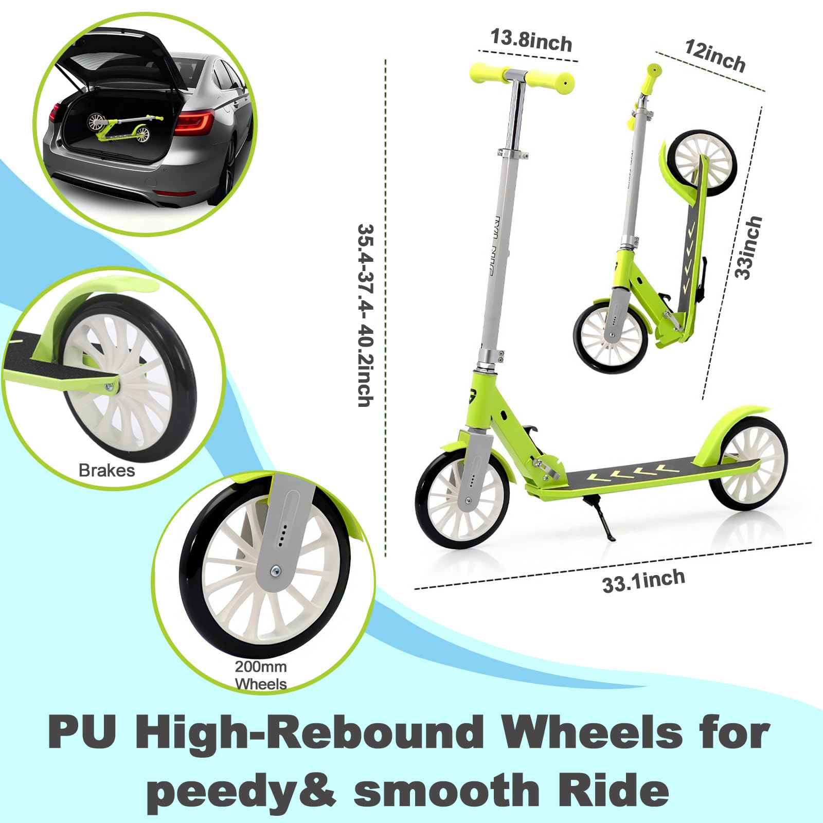 CUIOT Scooter for Adults Foldable 300lbs Lightweight 8IN Big Wheels Kick Scooters with Height Adjustable, Aluminum Frame, for Urban Commuting and Outdoor Fun | Suitable for Teens 8-12,Black