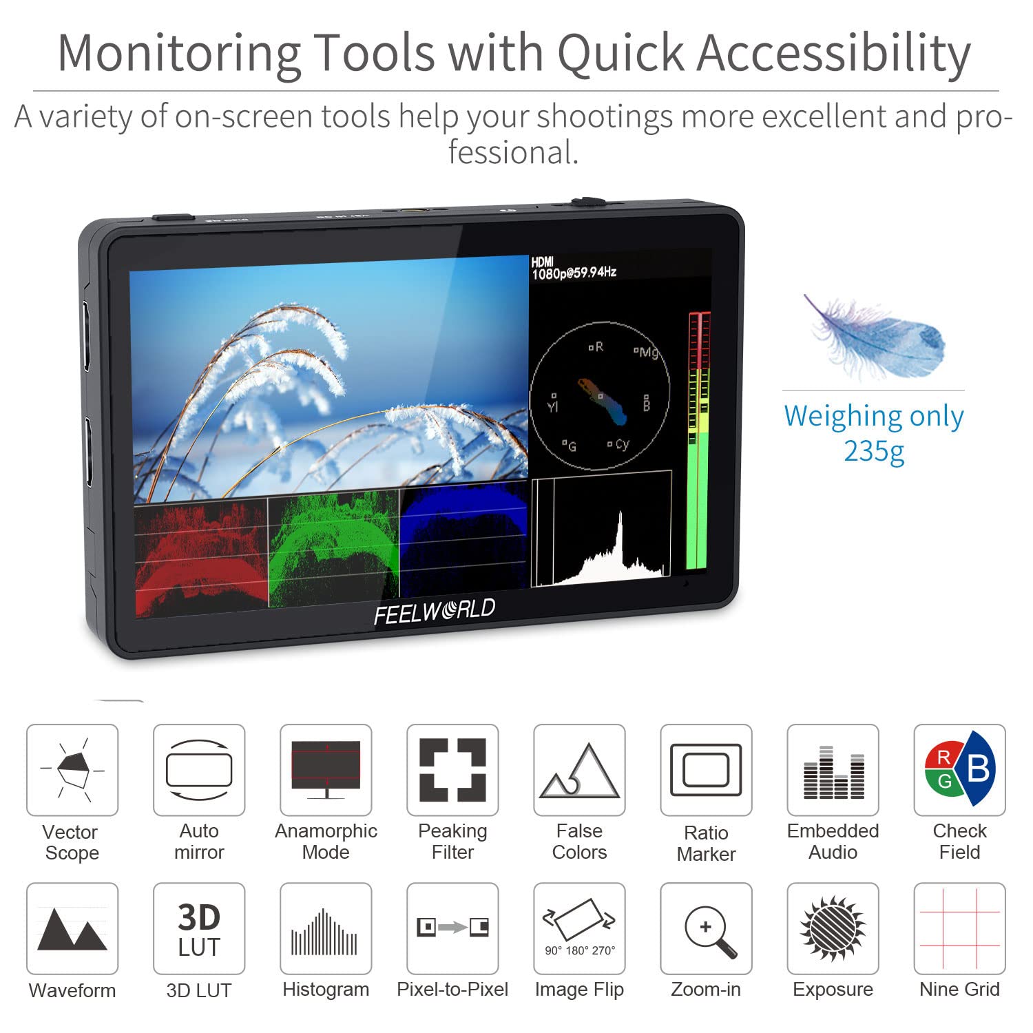 FEELWORLD F6 Plus V2 6 inch DSLR Camera Field Touch Screen Monitor with HDR 3D Lut Small Full HD 1920x1080 IPS Video Peaking Focus Assist 4K HDMI 8.4V DC Input Output Include Tilt Arm