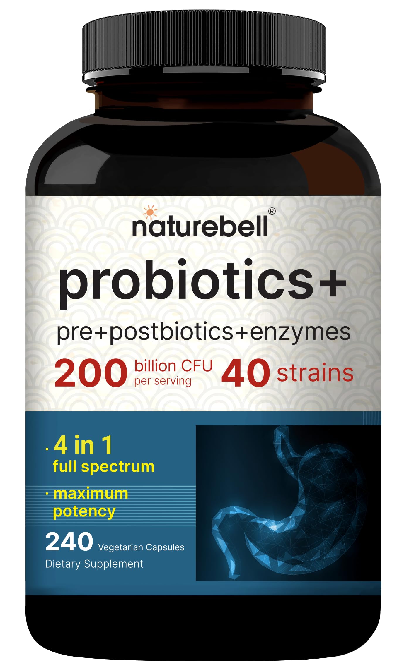 Probiotic 200 Billion CFU – 40 Strains Per Serving | 240 Veggie Capsules with Prebiotics and Probiotics for Digestive Health – Gut Health & Bloating Support | Daily Probiotics for Women & Men