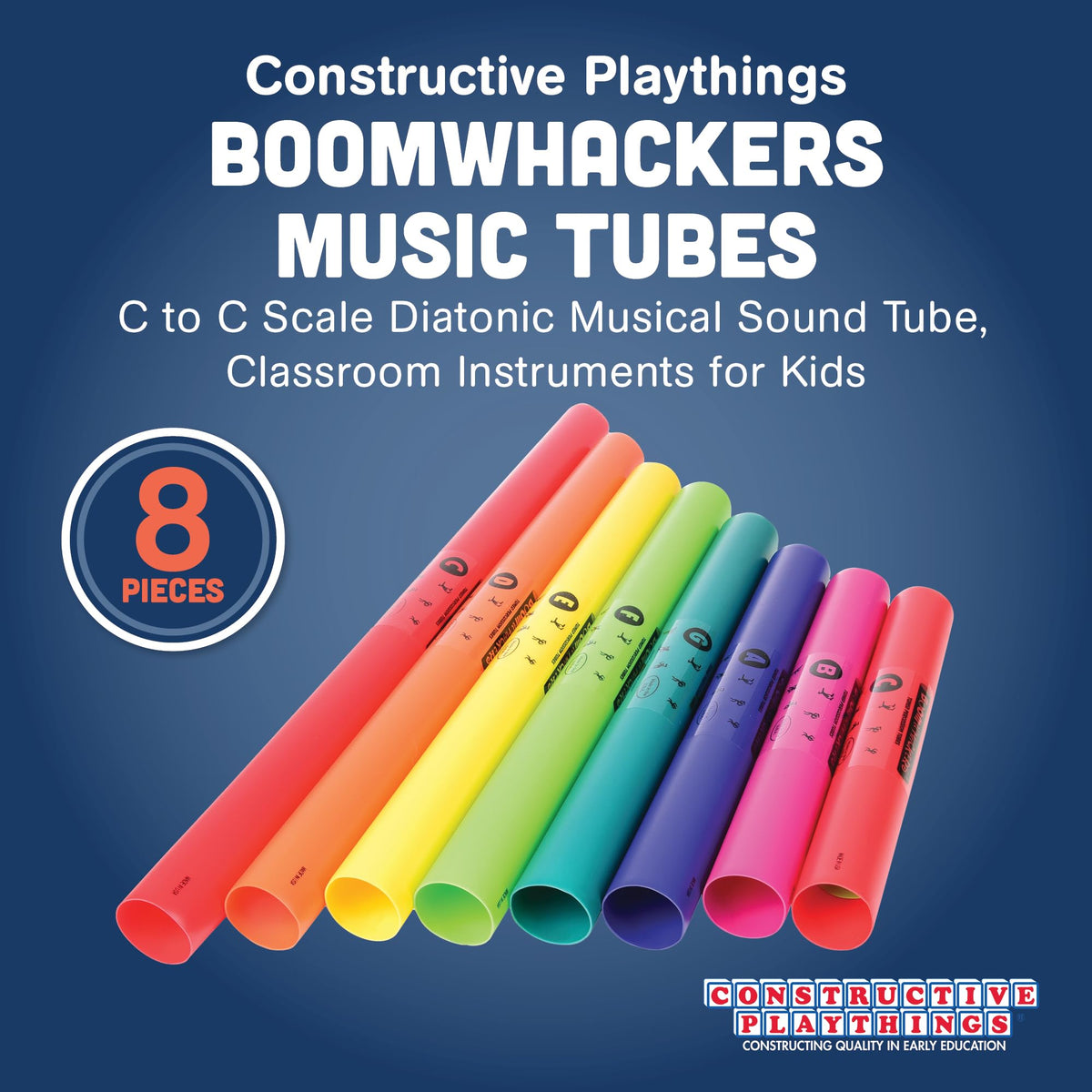 Constructive Playthings Boomwhackers Music Tubes, C to C Scale Musical Sound Tube, Classroom Instruments for Kids, Diatonic Set of 8