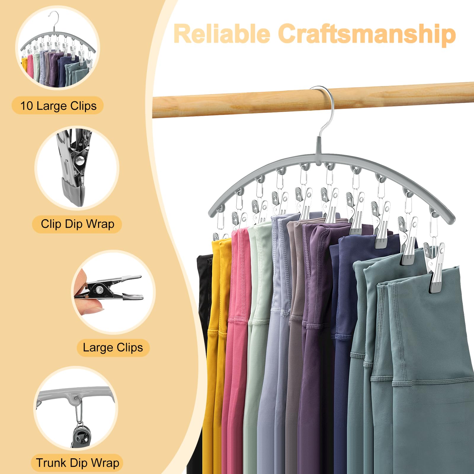 Volnamal Legging Organizer for Closet, Metal Yoga Pants Hanger w/Rubber Coated 2 Pack w/10 Clips Hold 20 Leggings, Hangers Space Saving Hanging Closet Organizer for Closet Organizers and Storage-Grey