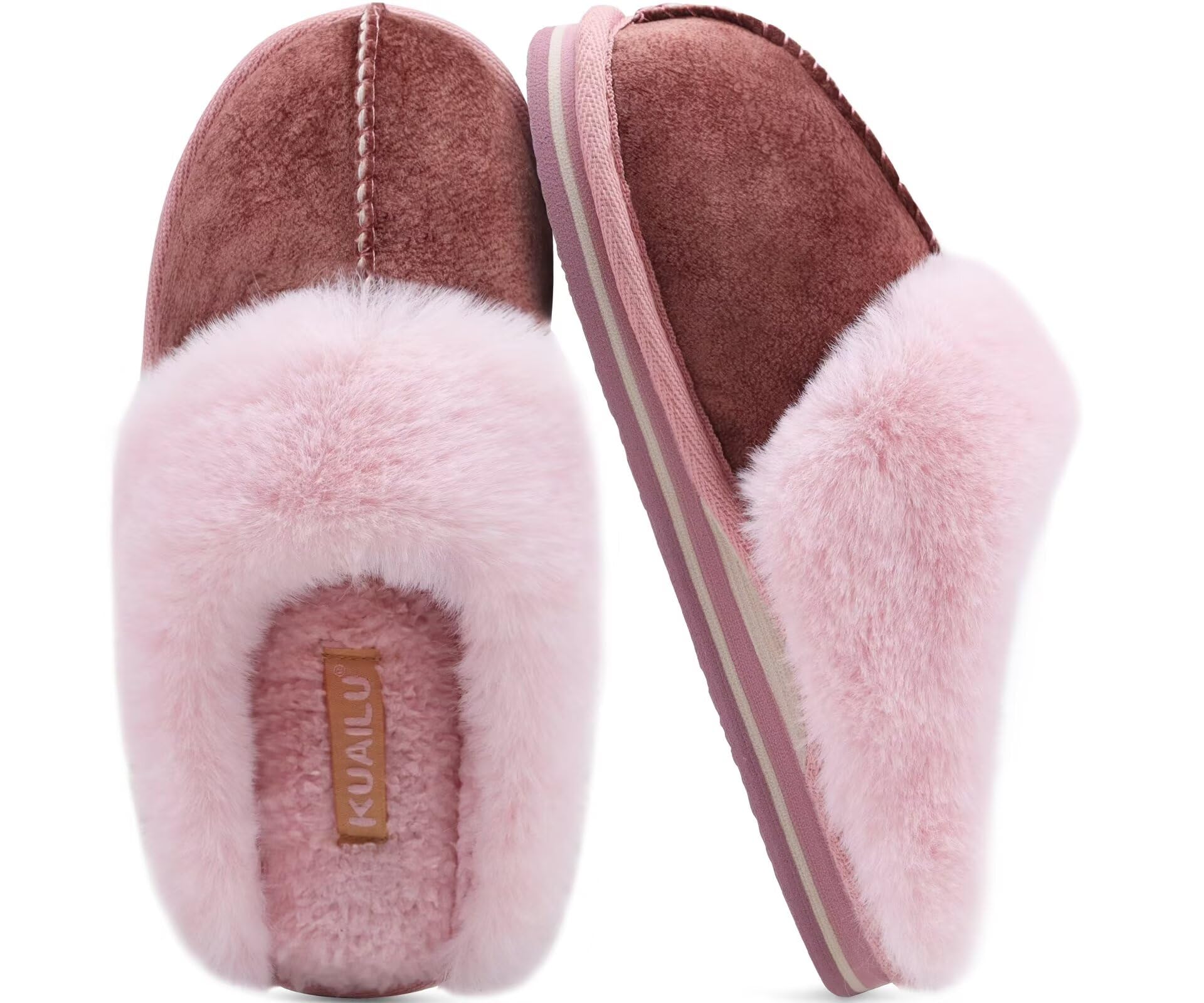 KuaiLu Womens Slippers, Fluff Dual Memory Foam Slippers Ladies Cozy Arch Support Warm Scuff Slippers Slip on Comfy Winter House Shoes with Non-Slip Indoor Outdoor Hard Sole Pink 8