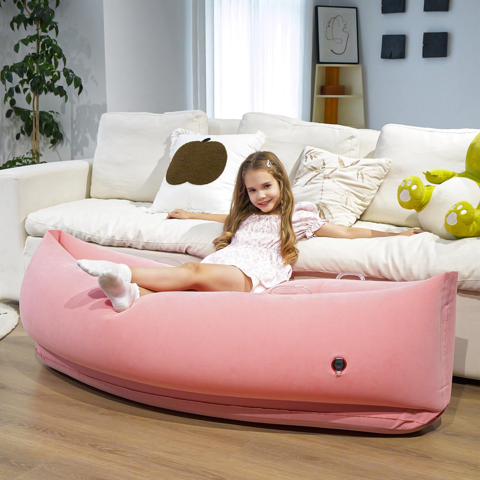 Sensory Chair Inflatable Peapod Canoe, 60" Sensory Pod Sitting for Autistic Children, ADHD Sensory Pea Pod with Neck Pillow, Electric Air Pump, Pink