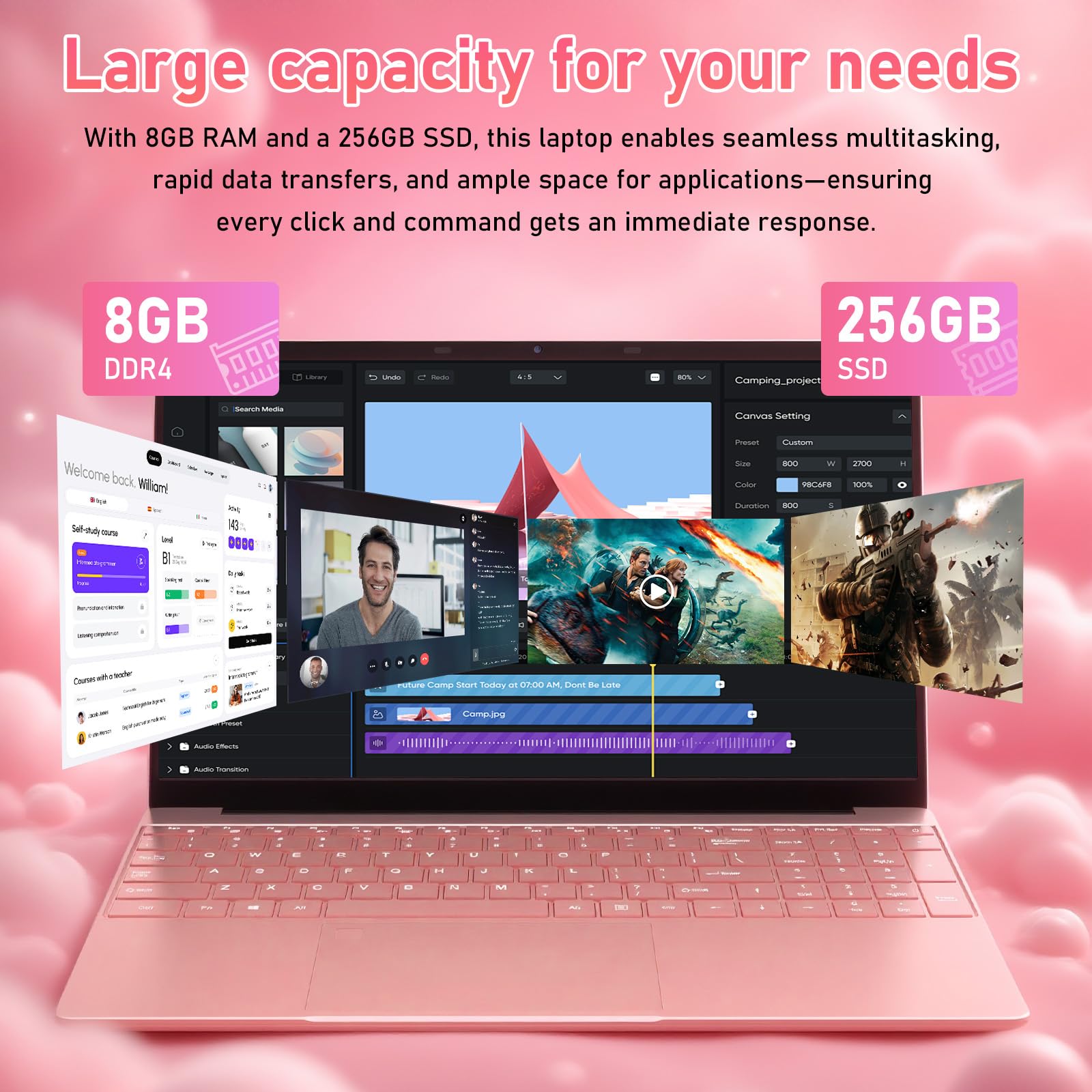 Trygood Student Laptop 15.6 Inch, Lightweight Notebook with 8GB RAM 256GB SSD, FHD IPS Display, Backlit Keyboard & Fingerprint Login, Rose Gold Portable Computer for School & Daily Use