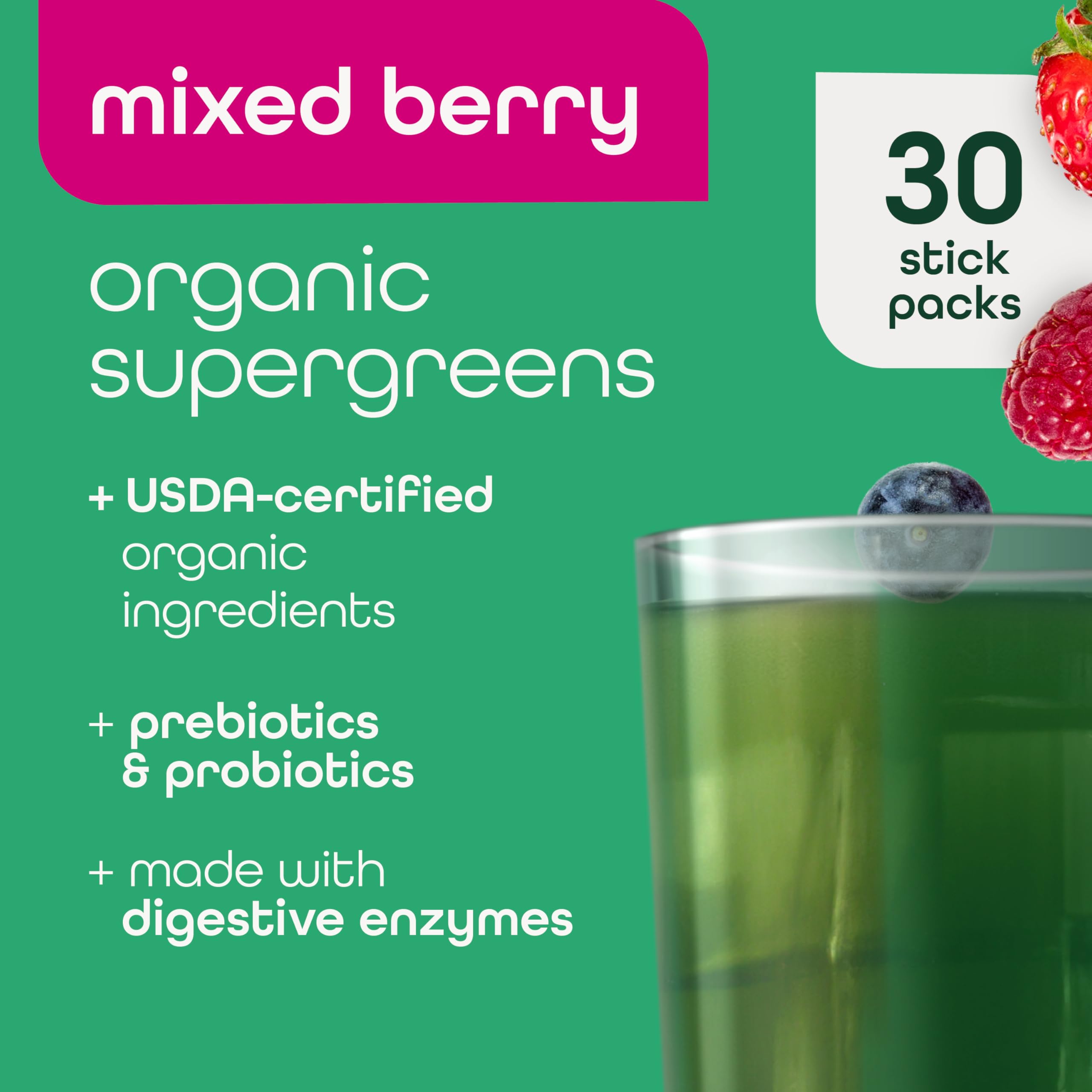 Zena Nutrition Organic Supergreens Greens Powder, 70+ Superfoods, Mixed Berry, 30 Drink Mix Packets + Pure Colostrum Capsules, 1500mg Supplement, 1 Month Supply, 90 Capsules