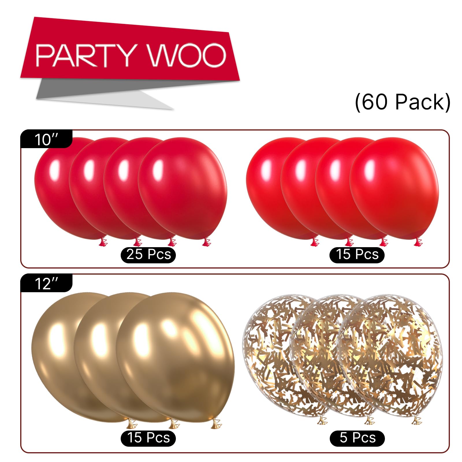 PartyWoo Red and Gold Balloons, 60 pcs 12 Inch Maroon Ruby Dark Red Burgundy Metallic Gold Confetti Balloons for Graduation Christmas Wedding Valentine's Day New Year Birthday Party Decorations