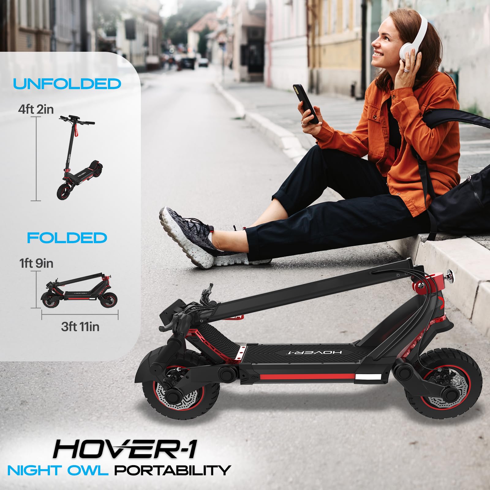 Hover-1 Night Owl Electric Folding Scooter, 31 MPH Top Speed, 37 Mile Range, 1200 Watts Max Power, 10.5” Offroad Tires, Dual Disc Brakes, Front & Rear Suspension Motorized Scooter for Adults & Teens