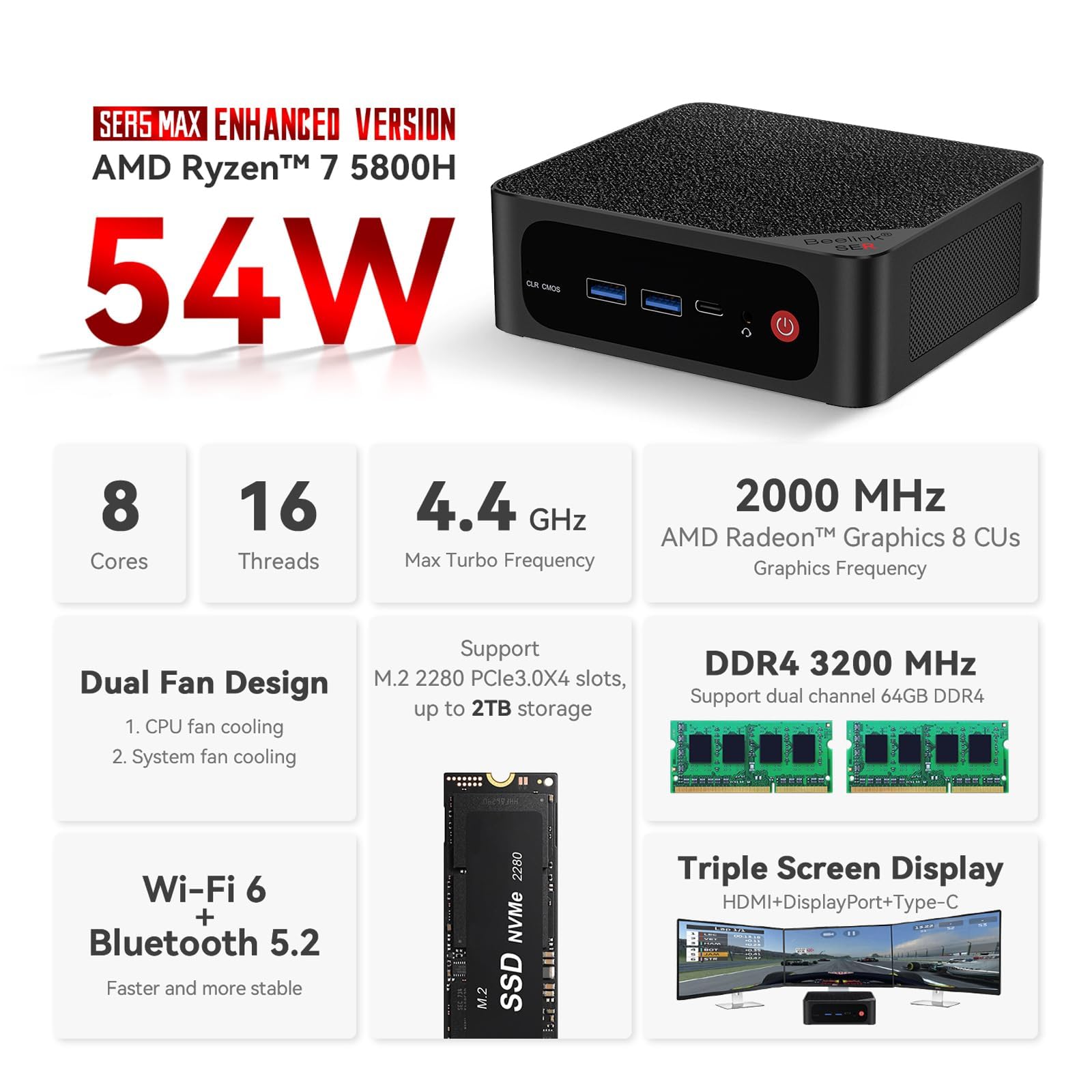 Beelink Mini PC, AMD Ryzen 7 5800H (8C/16T, up to 4.4GHz),16GB DDR4 500GB M.2 NVME SSD, SER5 MAX Mini Desktop Computer 4K@60Hz Triple Display