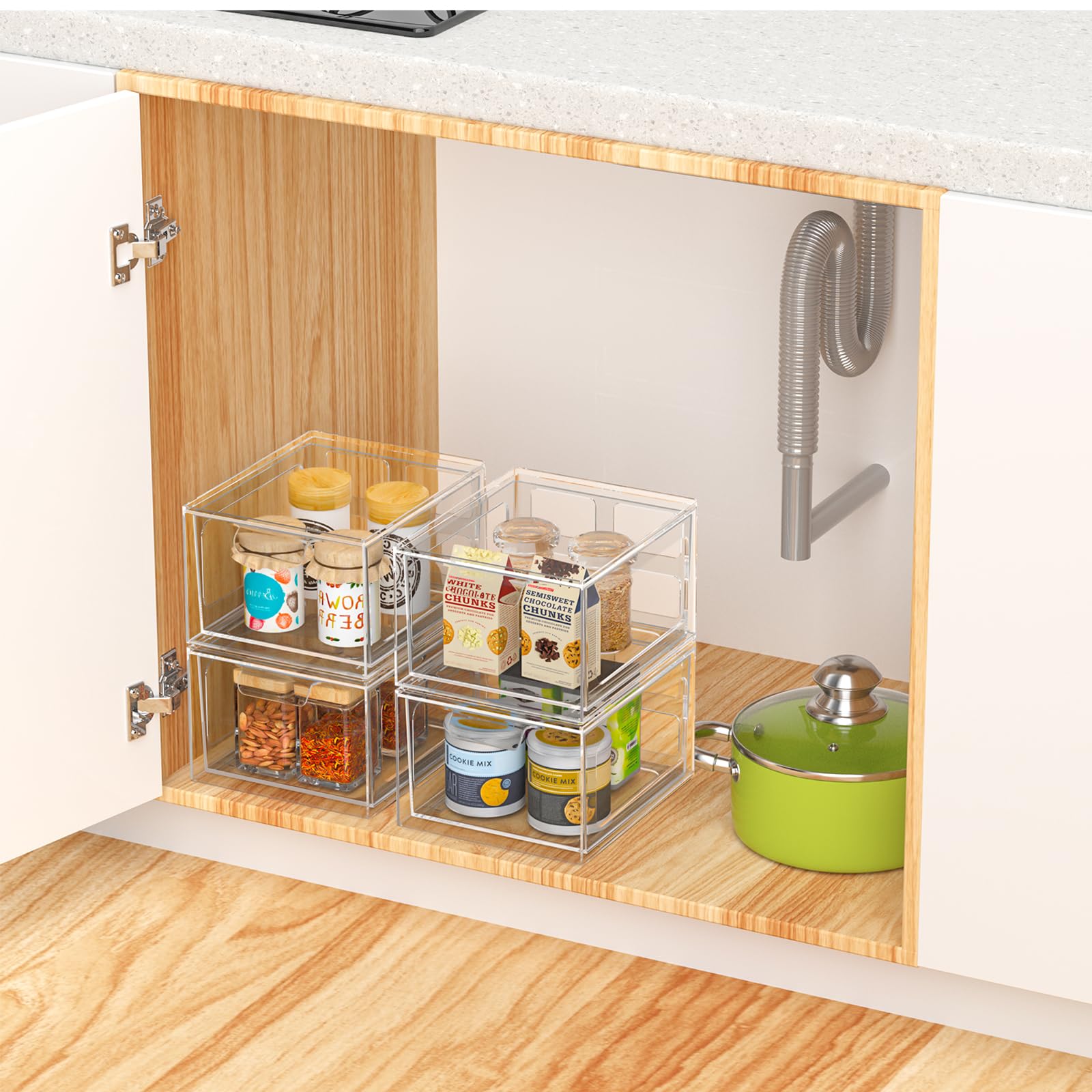 SpaceHacks 4 Pack Stackable Plastic Makeup Organizer Drawers, Acrylic Organizers, Clear Storage Bins with Pull-Out Handles for Vanity, Kitchen Cabinets, Pantry