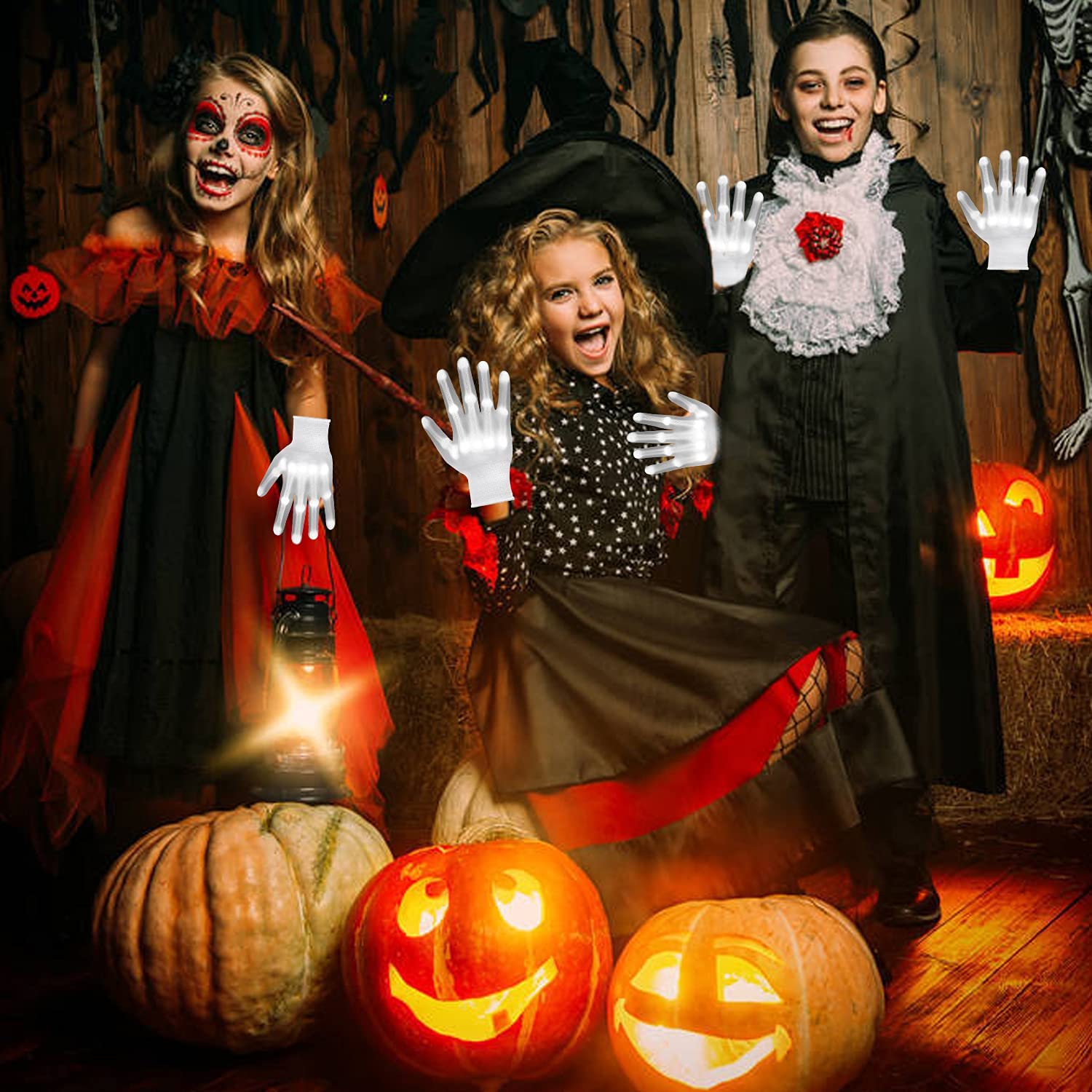 WEICHUANGXIN LED Gloves, 12 Color Changing Flashing Skeleton Gloves, Cool Light Up Costume for Halloween Christmas Birthday Party, Best Gifts for Age 8-14 Years Kids, 1 Pair(Large)