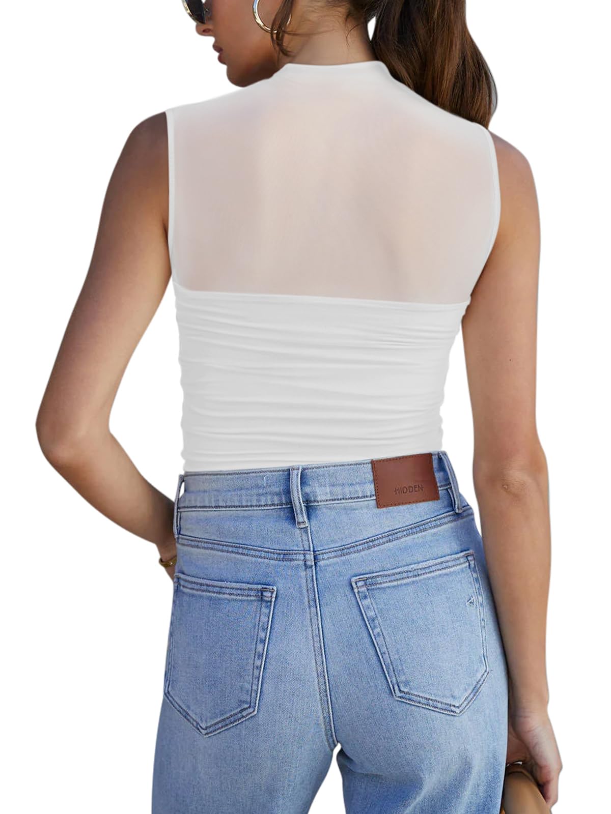 REORIA Sexy Bodysuits for Women Sheer Mesh Mock Neck Sleeveless Top Slim Fit Shirts Ruched Trendy Going Out Tops Cute Body Suit 2025 Outfits White Large