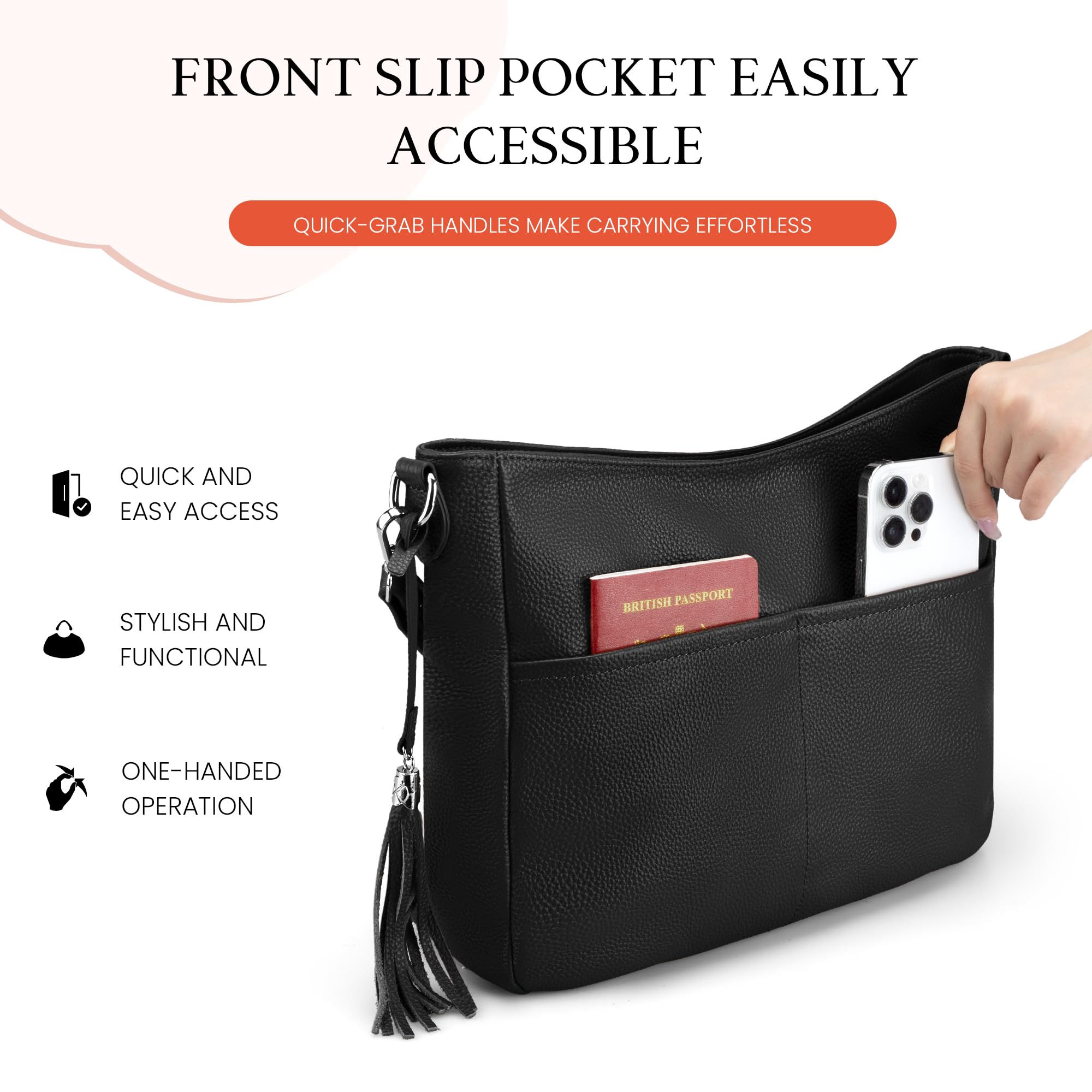 befen Genuine Leather Crossbody Bags for Women, Black Leather Purse Soft Real Hobo Crossbody with 2 Removable and Adjustable Straps Trendy Womens Purses and Handbags for Everyday