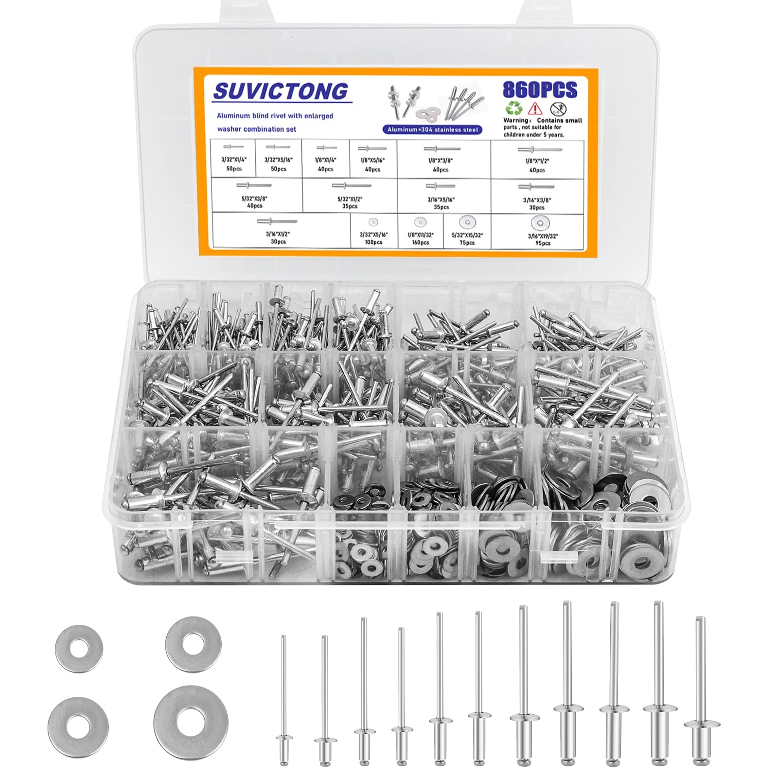 860PCS Aluminum Pop Rivets with 304 Stainless Steel Washers Kit,11 Sizes of Blind Rivets with 4 Sizes of Backup Washers,Widely Used in Vehicles,Ships (Diameter 3/32" 1/8" 5/32" 3/16")