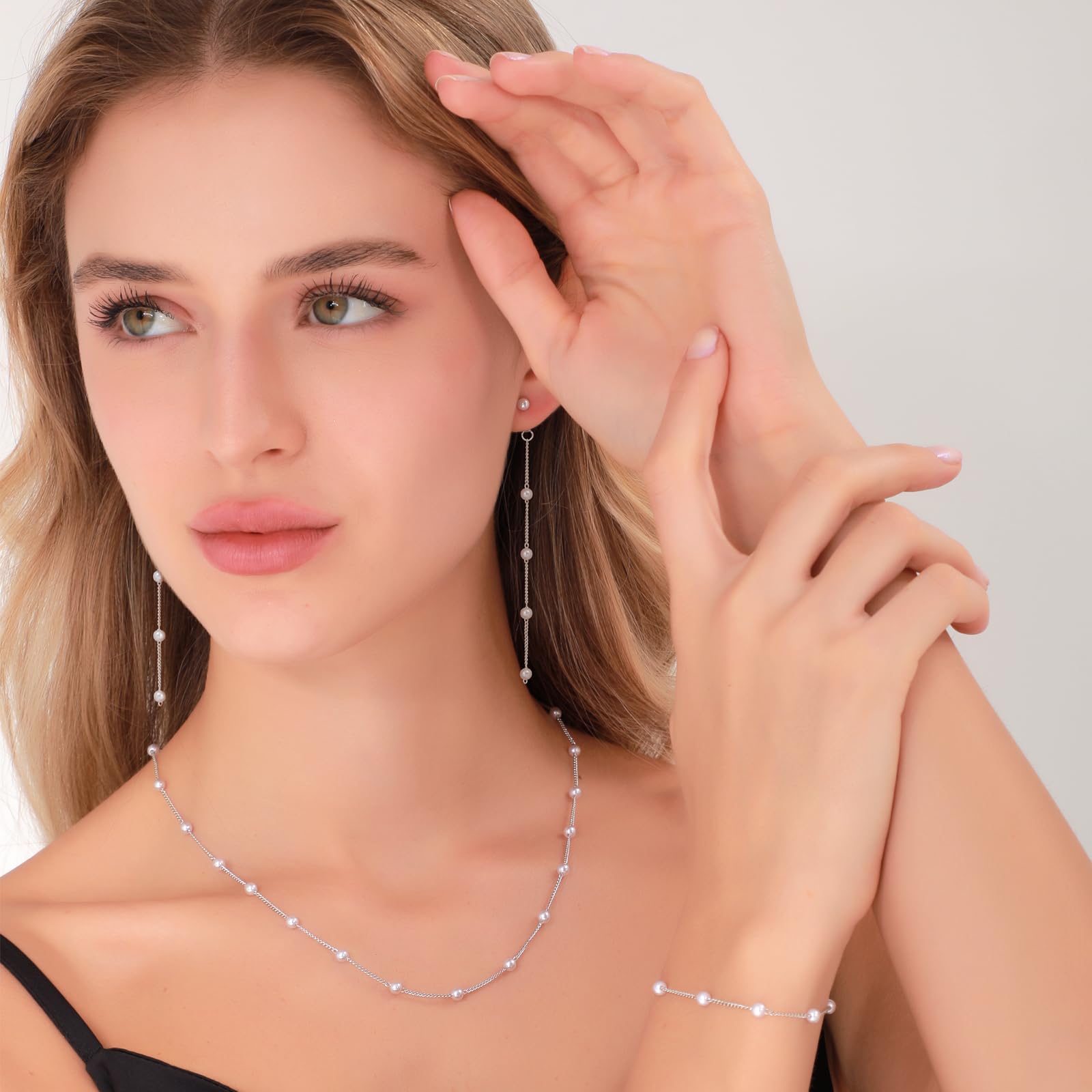 KesaPlan Silver Jewelry Set for Women Pearl Necklace and Earring Set Silver Plated Pearl Stud Earrings Adjustable Pearl Bracelets Pearl Choker Necklace Wedding Jewelry for Women