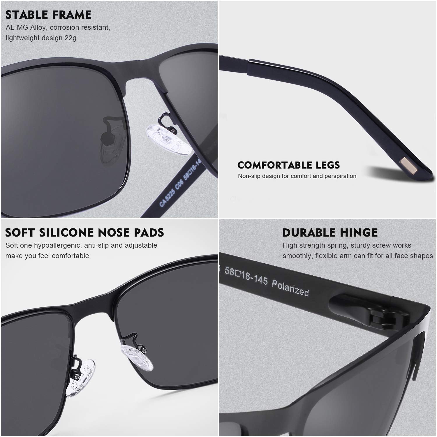 CARFIA Metal Mens Sunglasses Polarized UV400 Protection for Driving Fishing Hiking Golf Everyday Use CA5225