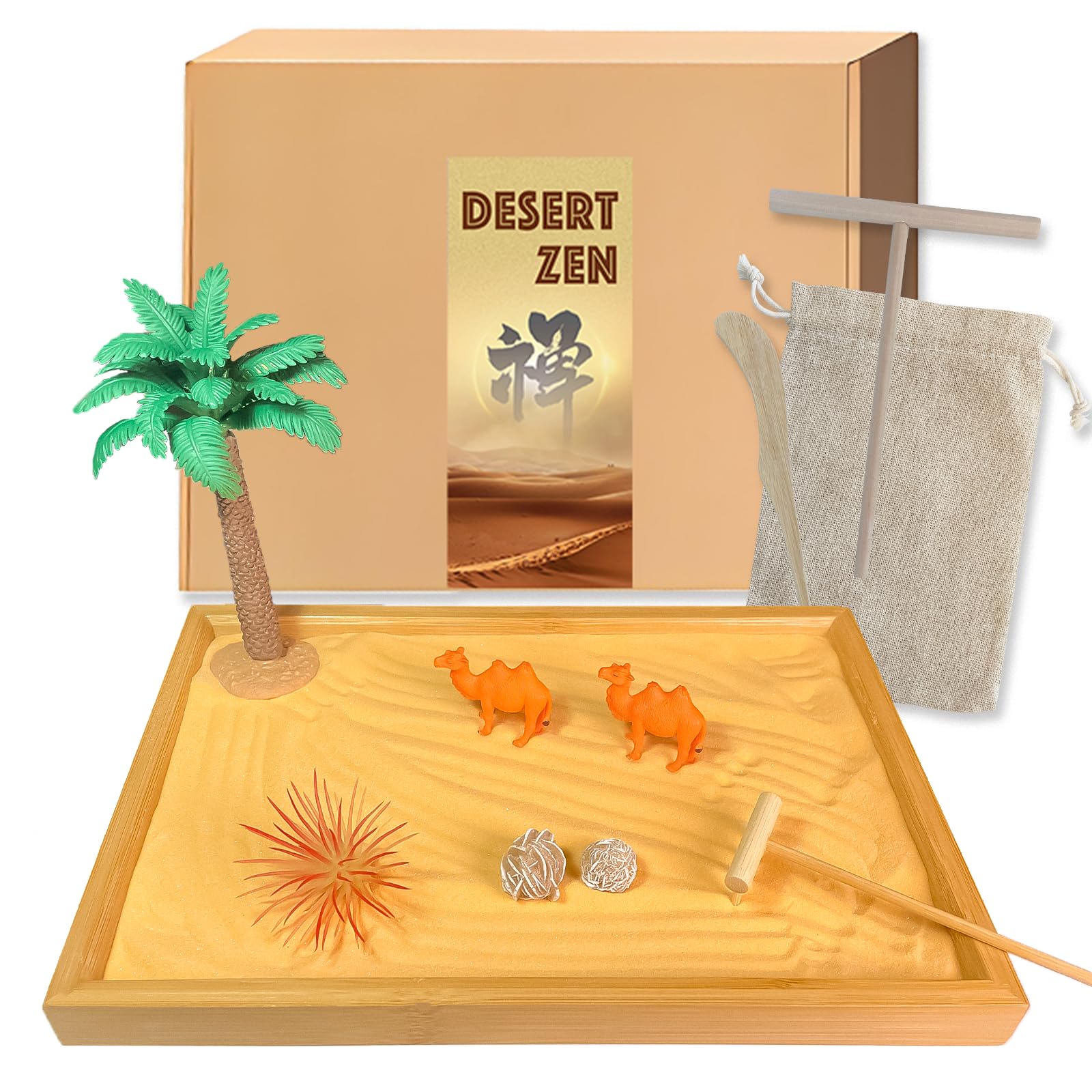 Threeheng Mini Desert Zen Sand Garden Kit for Desk, Japanese Zen Garden Alternative Sand Tray Therapy Kit with Bamboo Tray - Tranquil Haven for Mindful Relaxation and Imaginative Play