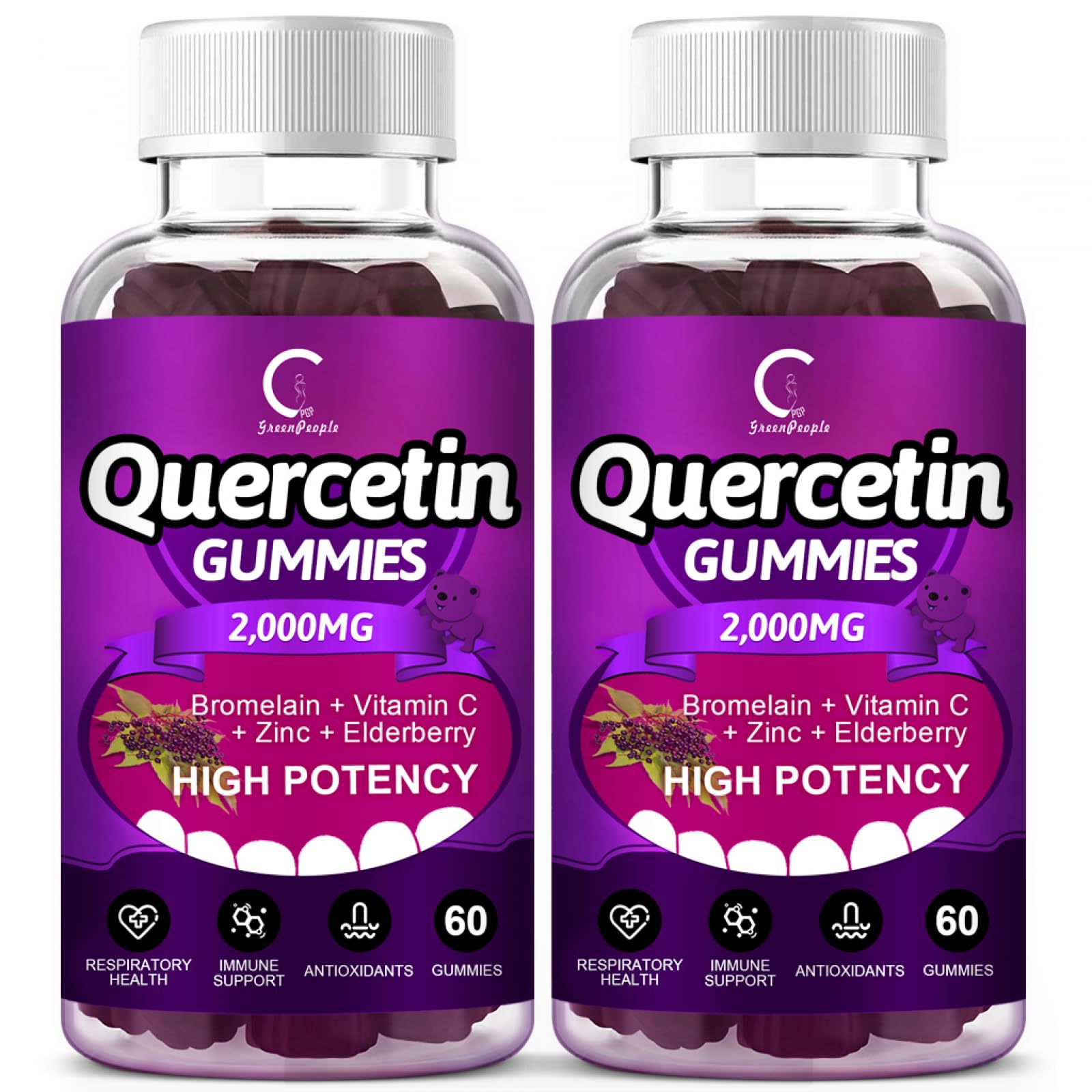 Quercetin Gummies - Quercetin with Bromelain, Vitamin C, Zinc & Elderberry 2000mg Extra Strength Immune System Booster, Lung Support Supplement for Adults Kids - 60 Quercetin Gummies (2 Pack)