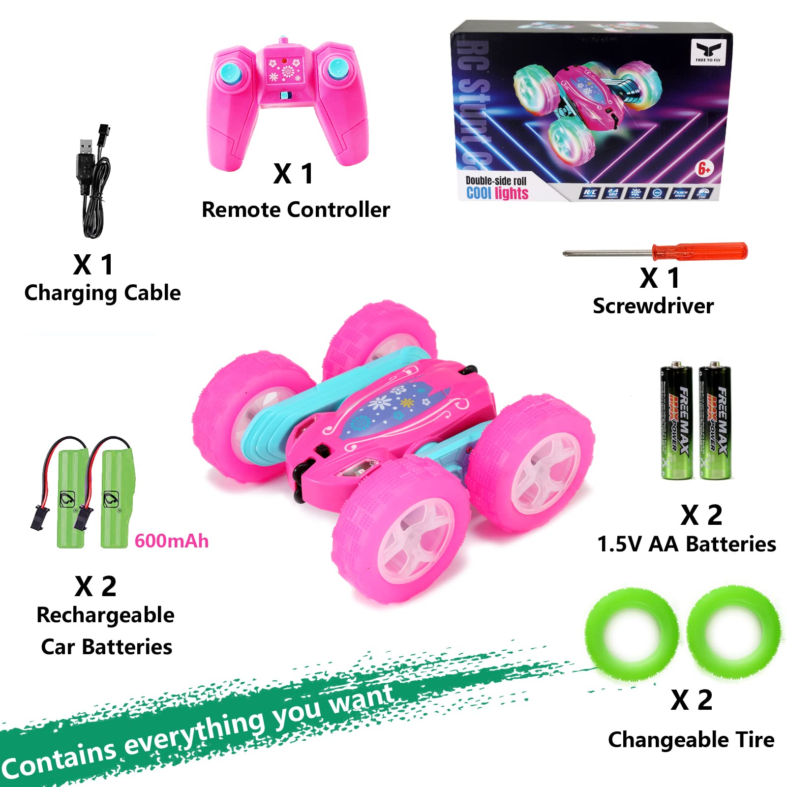 FREE TO FLY Remote Control Car for Girls : Pink RC Car Double Sided 360°Flip Stunt Cars with Headlights & WheelLights Rechargeable Toy Car Birthday Gifts for Girl Kids Age 6 7 8 9 10 11 12 Year Old
