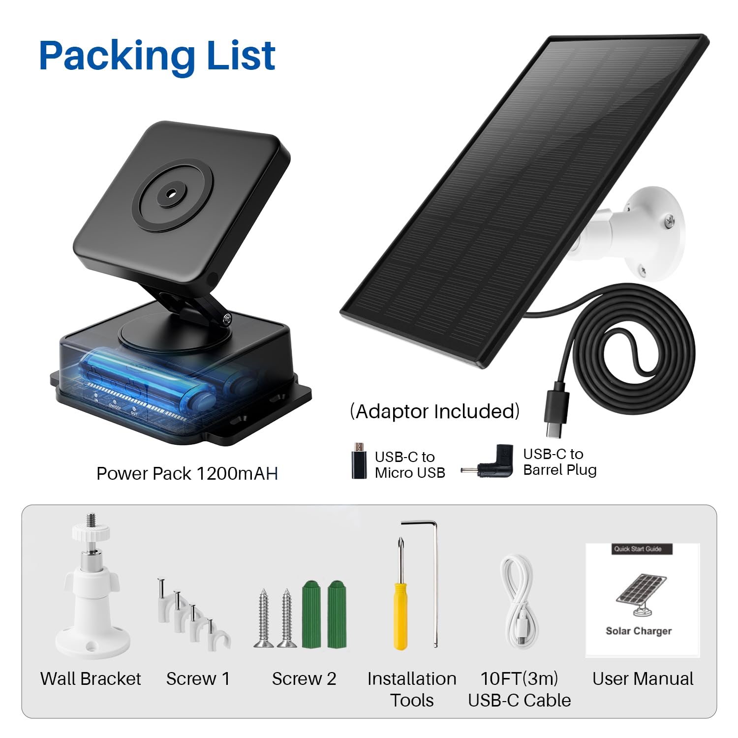 Solar Panel for Ring Camera - 5W Solar Charger with Power Pack Compatible with Most Blink Reolink Cameras Doorbell IP65 Waterproof, 10FT Cable with USB-C to Ring Barrel Plug Micro USB Adapter