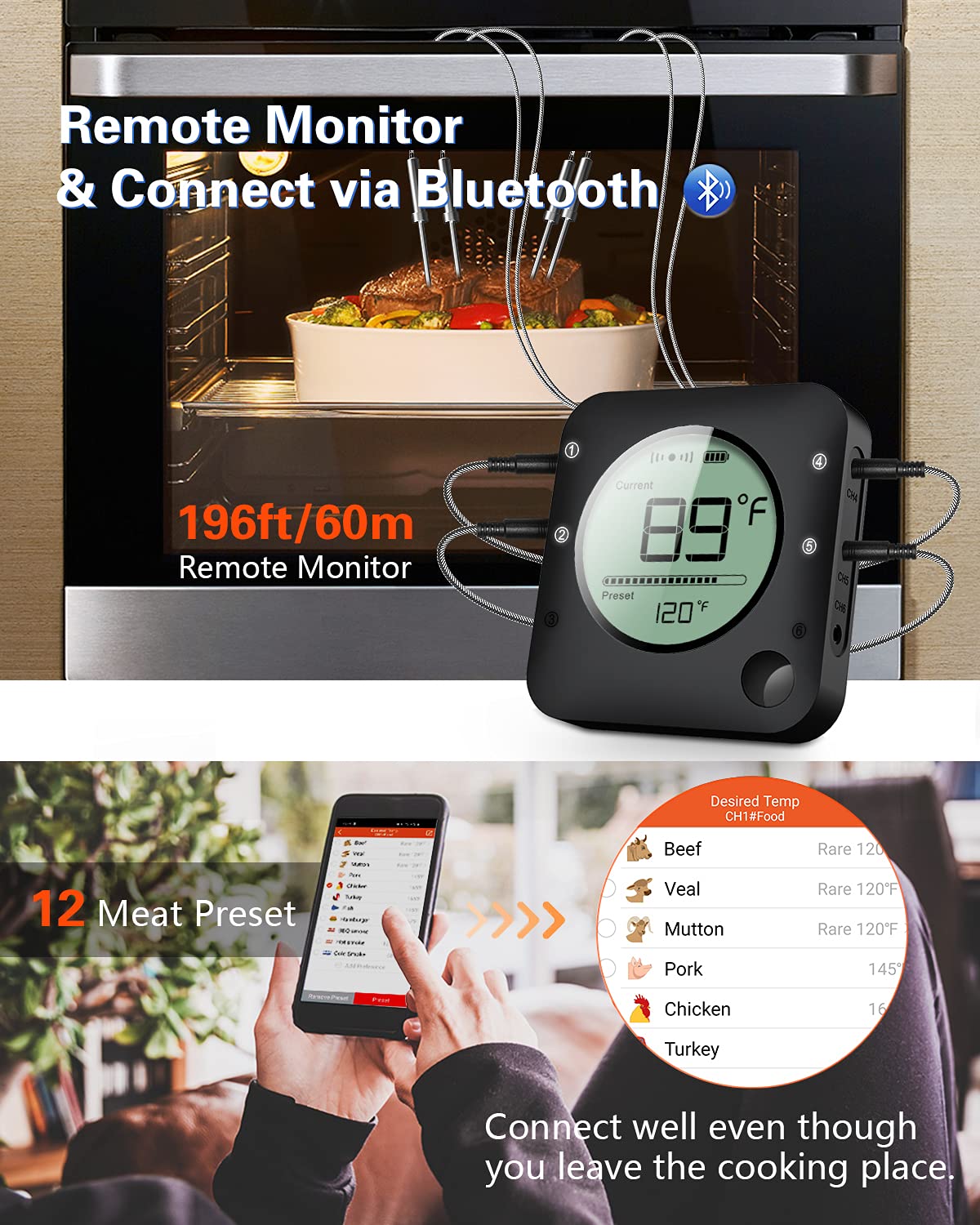BFOUR Wireless Grill Thermometer, Bluetooth Meat Thermometer, Digital BBQ Meat Thermometer for Grilling Smoker Oven, Smart APP Alarm Monitor Instant Read with 4 Stainless Steel Probes
