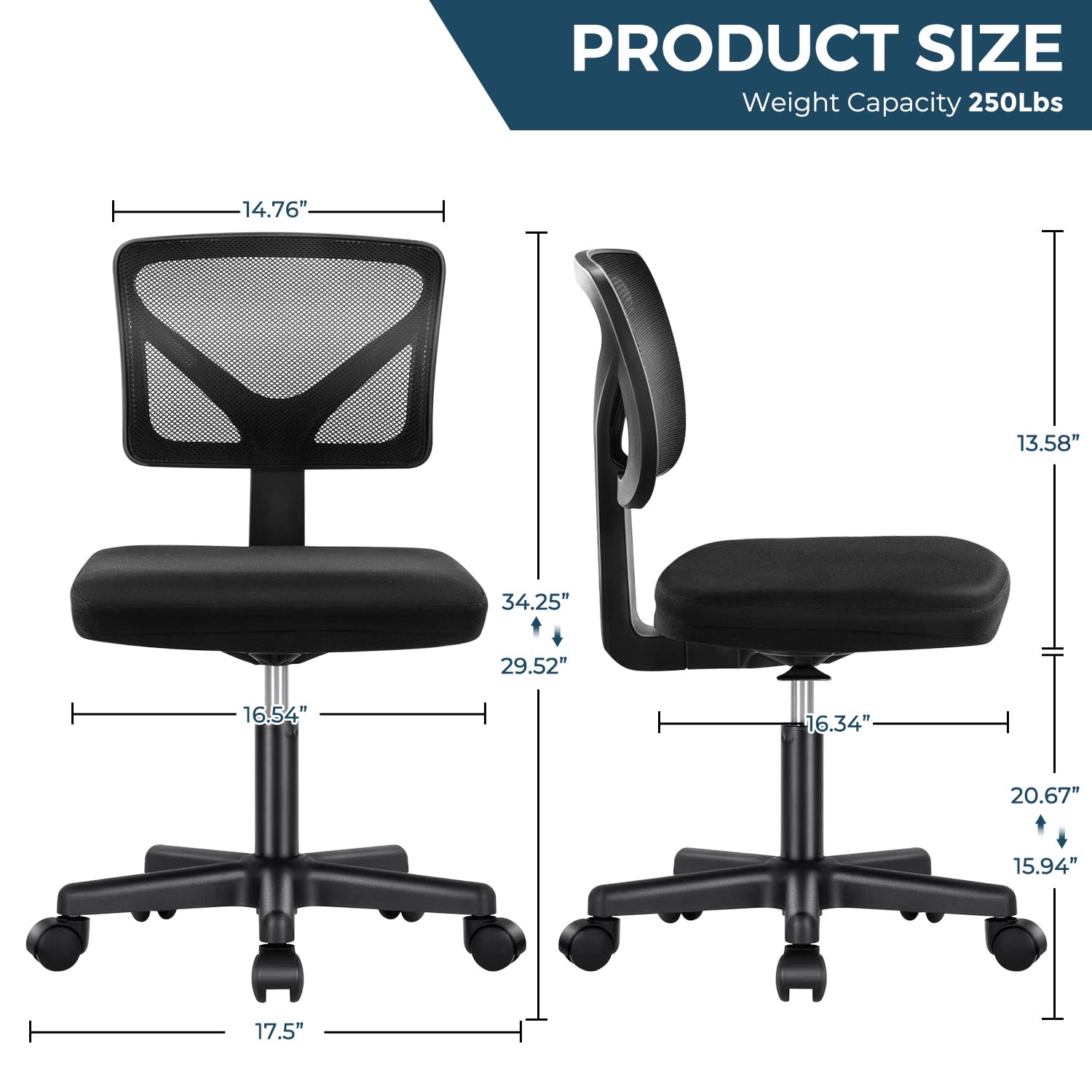 MCQ Home Office Computer Desk Chair Mid Back Armless Ergonomic Mesh with Lumbar Support Height Adjustable Swivel Task Rolling Modern Wheels for Office,Living Room, Black (SE-2077)