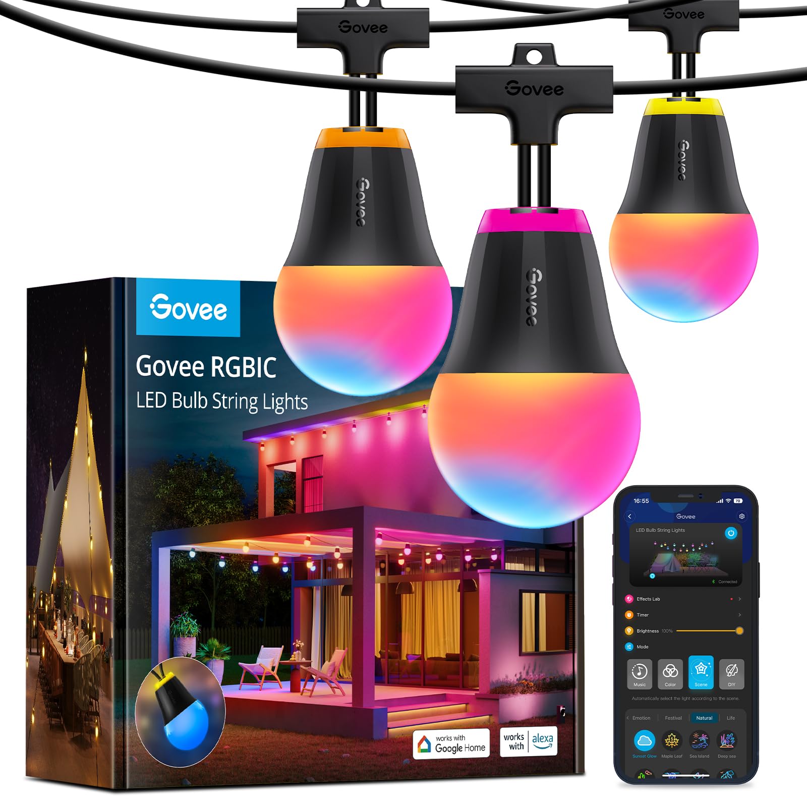 Govee Outdoor String Lights H1, 50ft RGBIC Outdoor Lights with 15 Dimmable Warm White LED Bulbs, Smart Outdoor Lights with 60 Scene Mode, IP65 Waterproof, Work with Alexa for Halloween, Daily Lighting