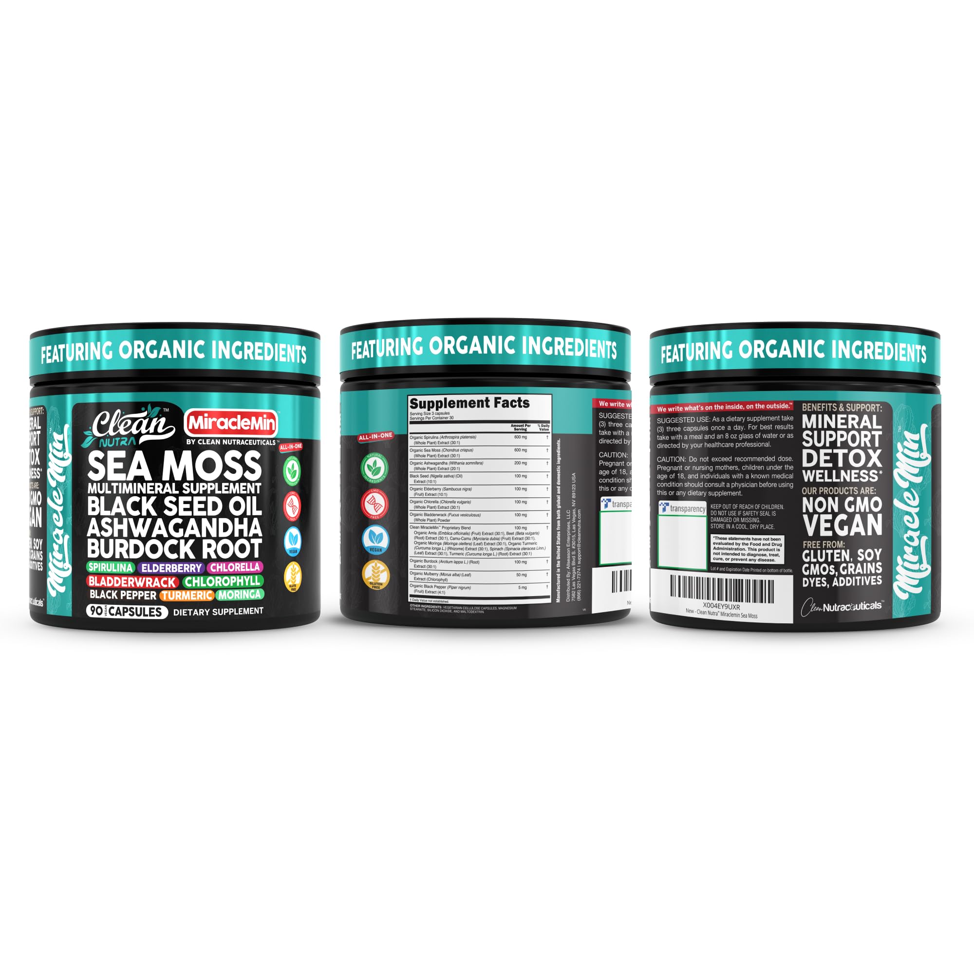Clean Nutra Sea Moss Capsules with Ashwagandha, Black Seed Oil, Burdock Root, Bladderwrack, Moringa, Chlorella, Spirulina, Turmeric, Elderberry, Amla – 90 Vegan Capsules – MiracleMin