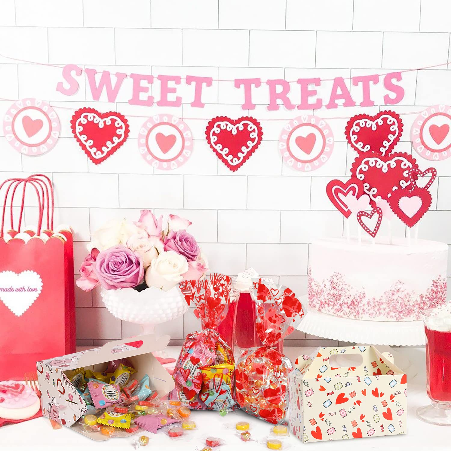 Valentine's Treat Boxes - 28 Pack Candy Bags for Kids' Party Favors, 7 Patterns for Wrapped Gifts