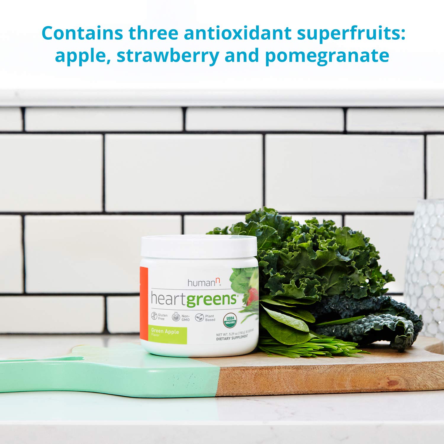 humanN HeartGreens | Superfood Organic Powder with Wheatgrass, Kale, Spinach, and Spirulina, USDA Organic Non-GMO, from The Makers of SuperBeets (Green Apple Flavor, 5.29-Ounce