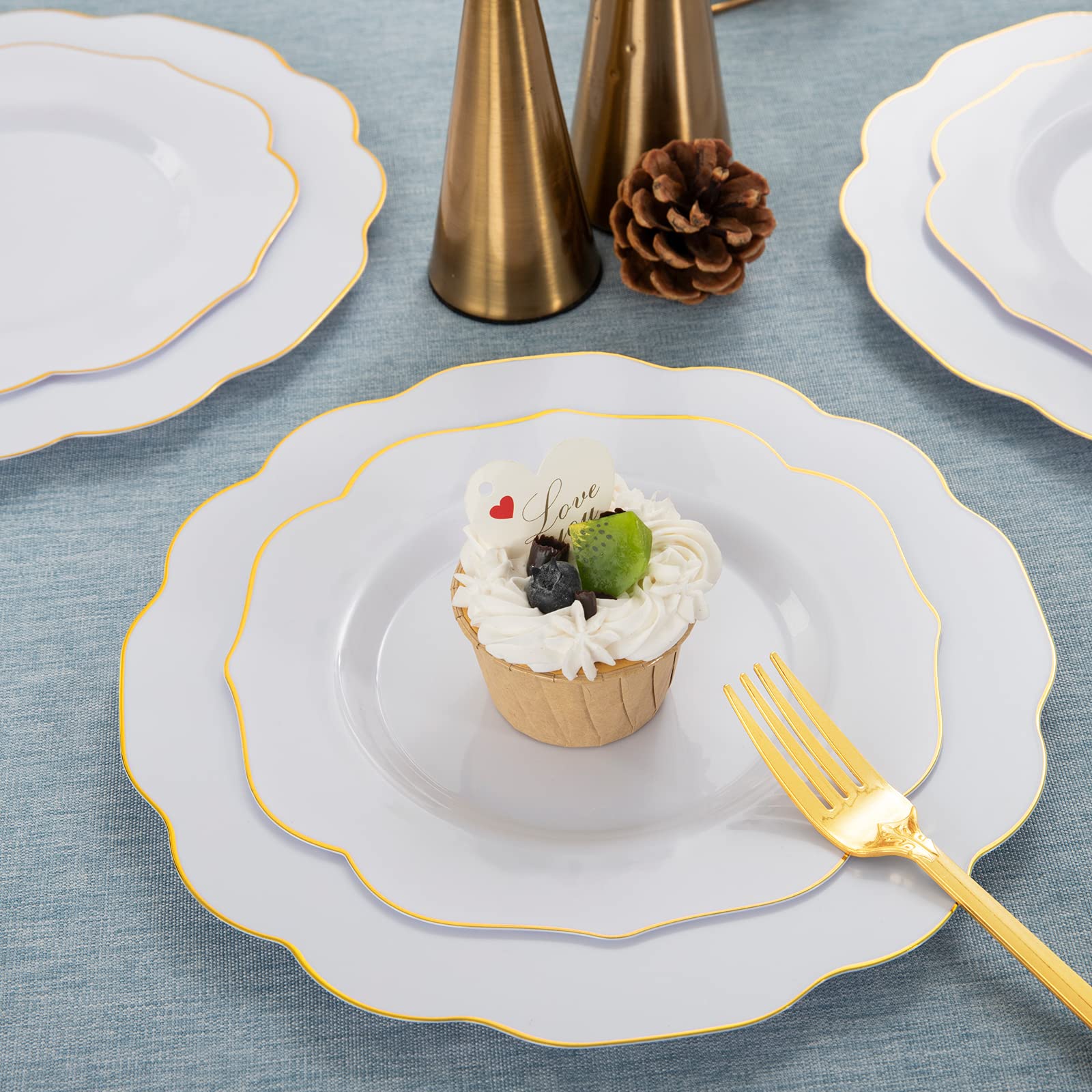 NOCCUR 120PCS Gold Plastic Plates Disposable for 60 Guests - Include 60 Dinner / 60 Dessert Plates Heavy Duty for Wedding&Party