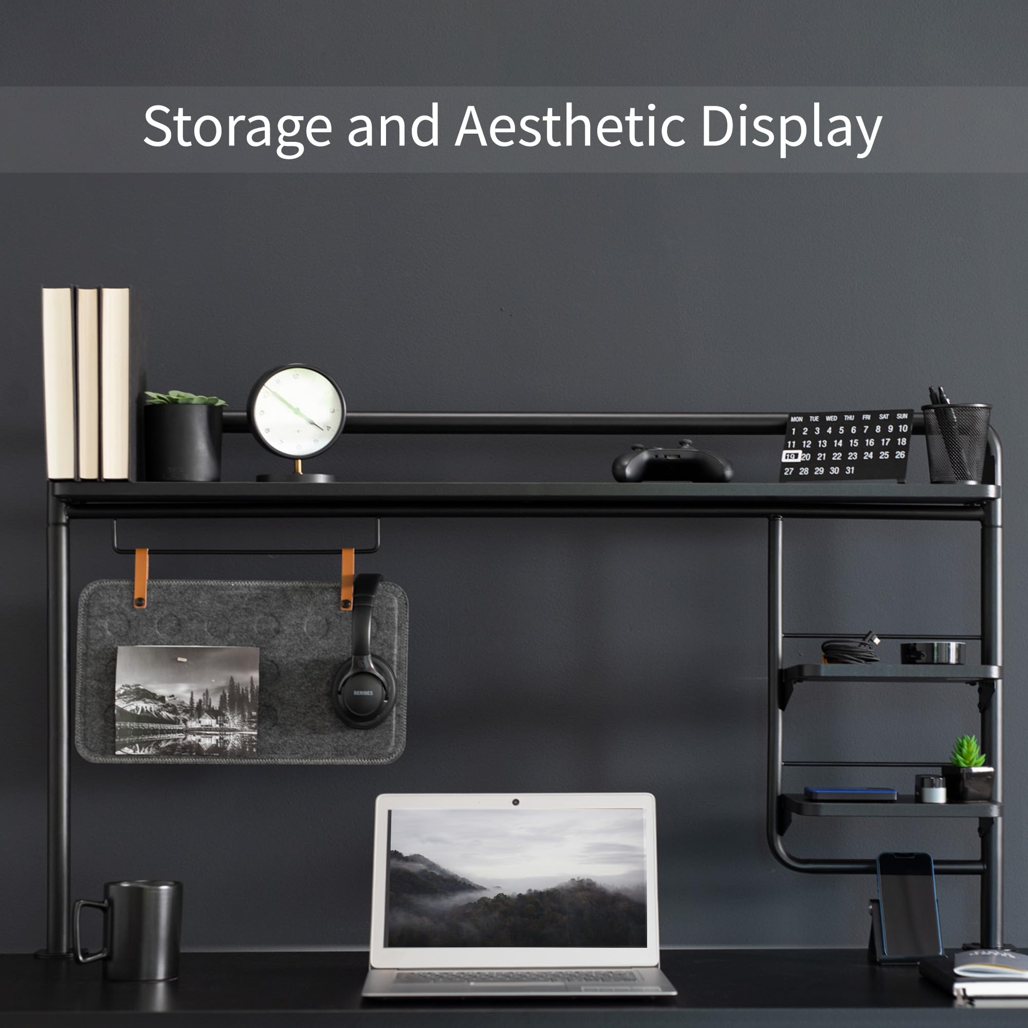 VIVO Clamp-on 50 inch Desktop Shelving System for Sit Stand Workstation, Raised Accessory Storage Shelves and Magnetic Memo Board Desk Organizer, Black, DESK-SHELF55A