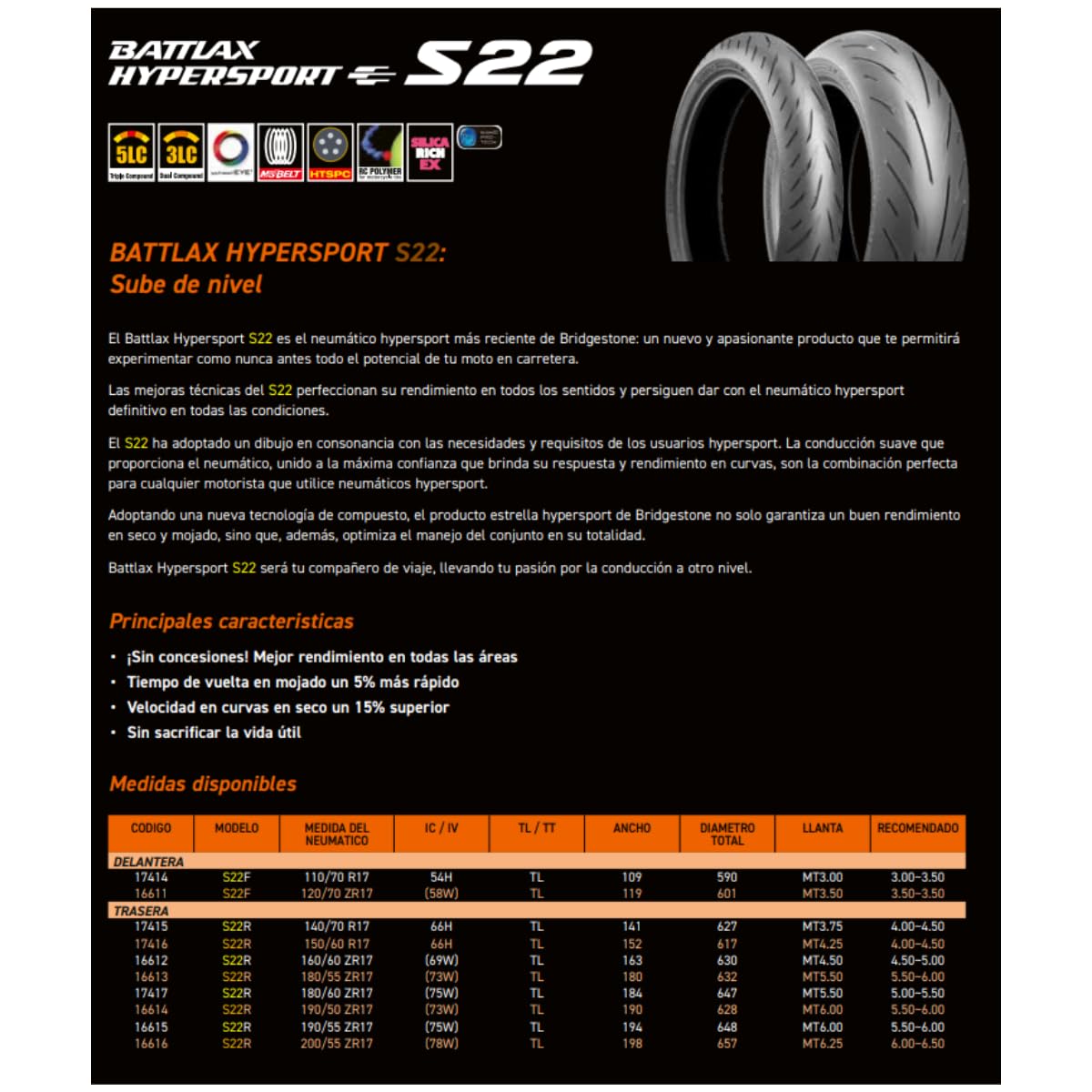 Bridgestone Battlax Hypersport S22 Front Tire (120/70ZR-17)