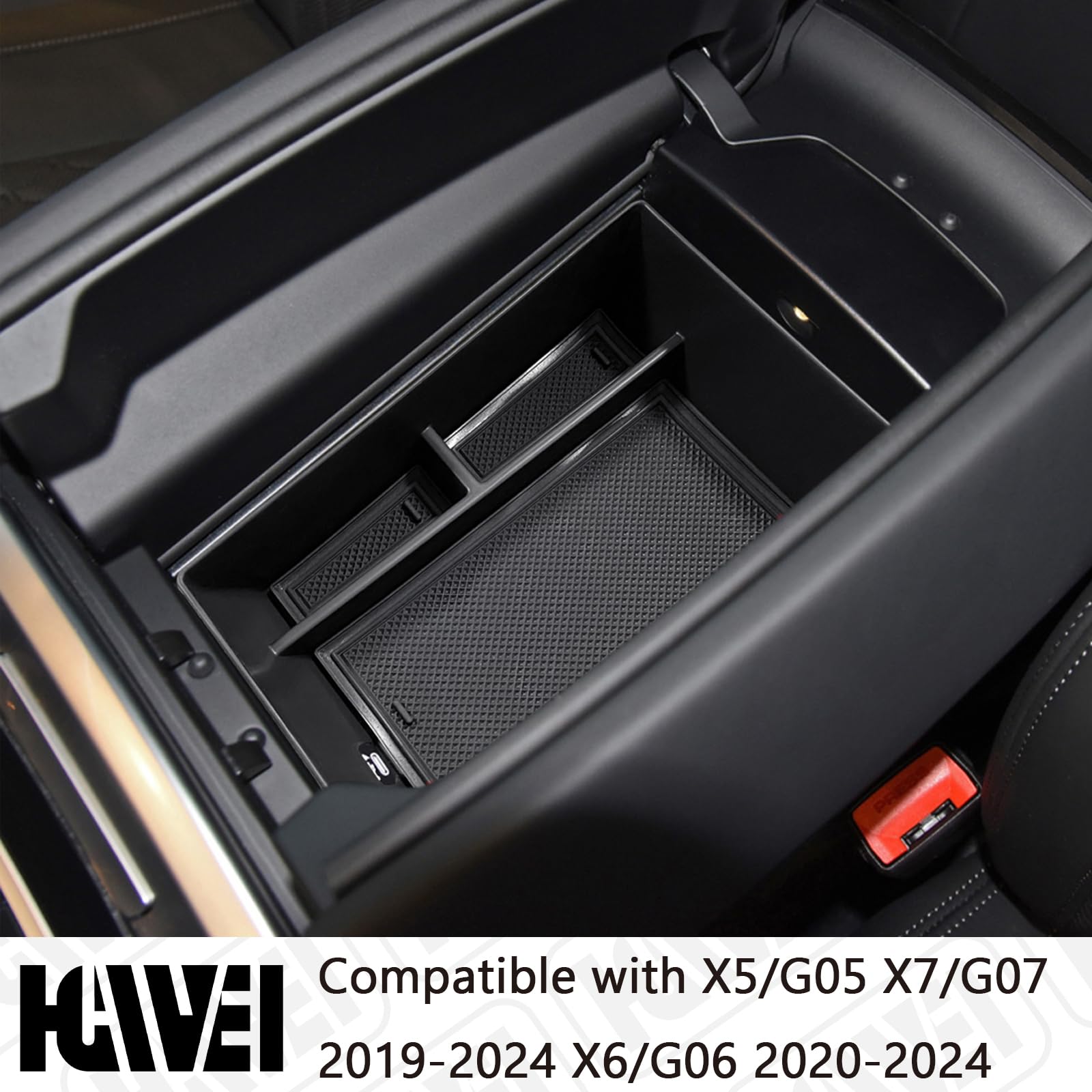 HGWEI Center Console Organizer Compatible with BMW X5/G05 X7/G07 2019-2024, X6/G06 2020-2024 Armrest Storage Box Insert Tray with Rubber Mat, Black