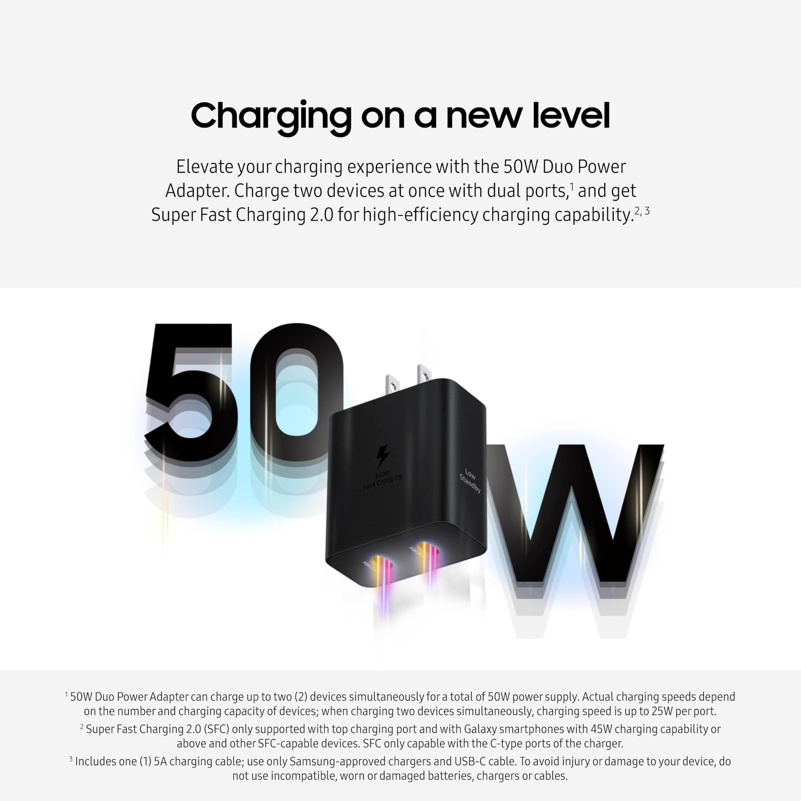 SAMSUNG 50W Duo Power Adapter Wall Charger, 2 Ports, Cable Included, Super Fast Charging 2.0 for Galaxy Phones, Tablets, USB Type C Devices, Low Standby Power Consumption, EP-T5020XBEGUS, Black