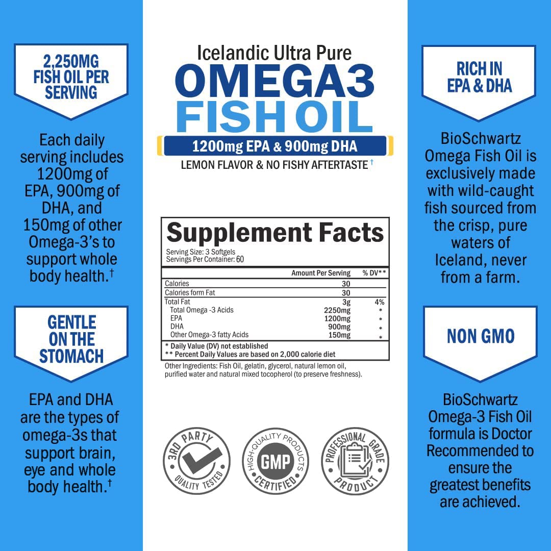 Omega 3 Fish Oil Supplement - 1200mg EPA and 900mg DHA Fatty Acid Per Serving from Wild Caught Fish - Supports Joint, Eyes, Brain & Skin Health - Burpless Lemon Flavor, Gluten-Free, 180 Softgels