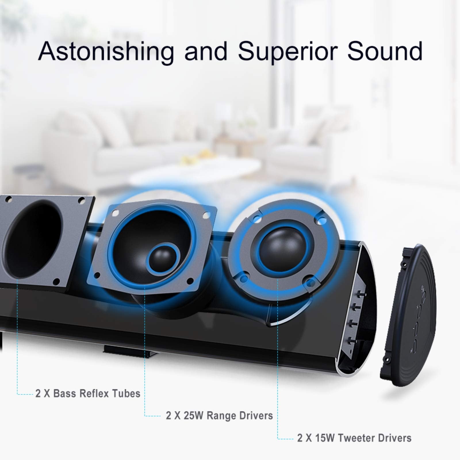 80Watt 34Inch Sound bar, Bestisan Soundbar Bluetooth 5.0 Wireless and Wired Home Theater Speaker (DSP, HDMI-ARC, Bass Adjustable, Optical Cable Included)